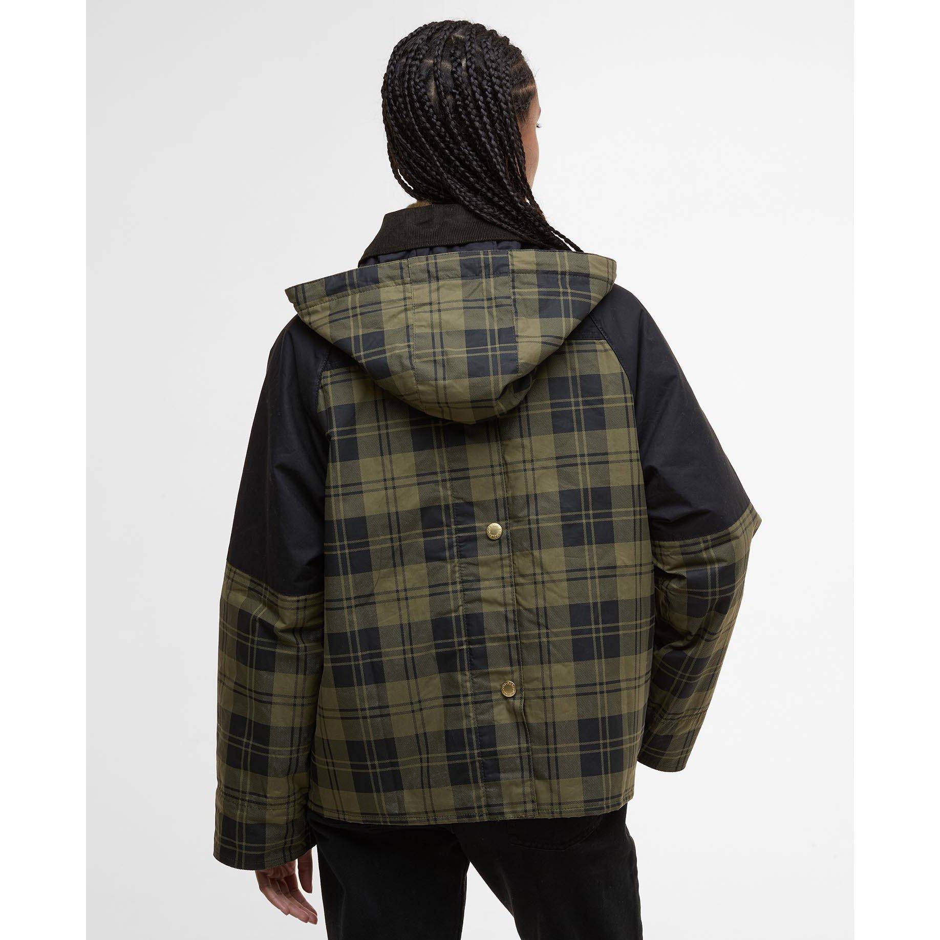 Olive Check/Bl - Barbour - Women's Elaine Showerproof Cotton Hooded Long Sleeve Rain Anorak - 3