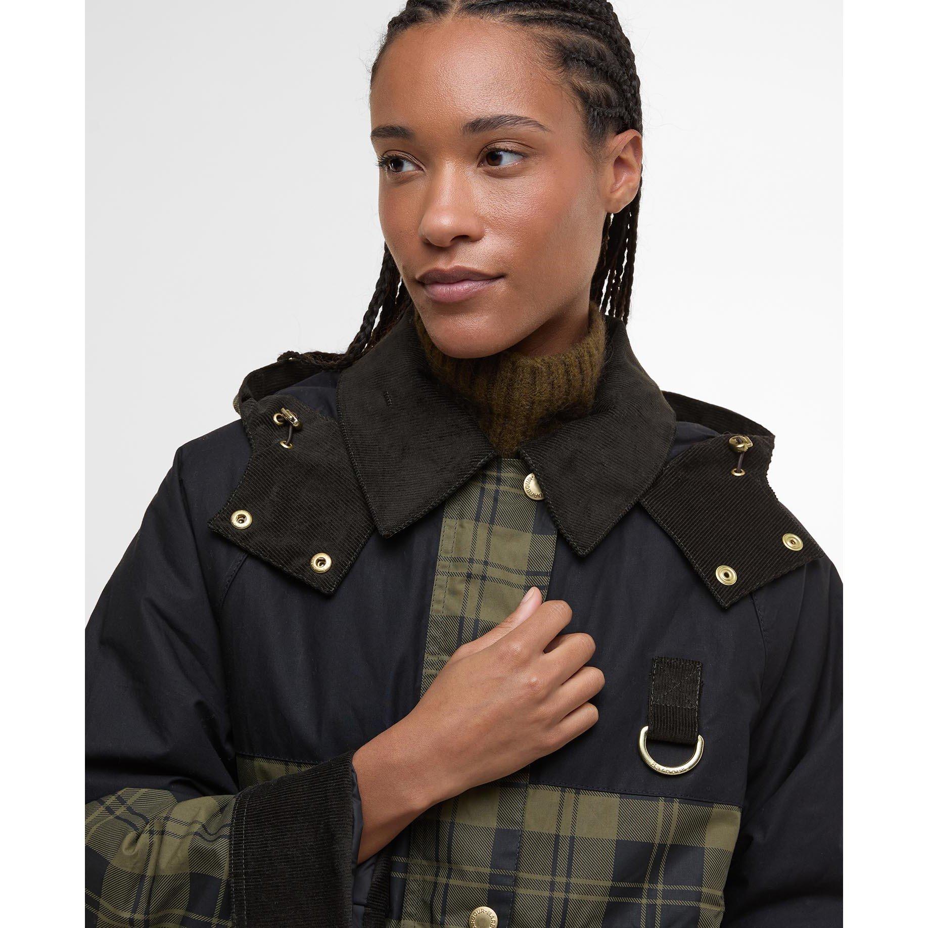 Olive Check/Bl - Barbour - Women's Elaine Showerproof Cotton Hooded Long Sleeve Rain Anorak - 4