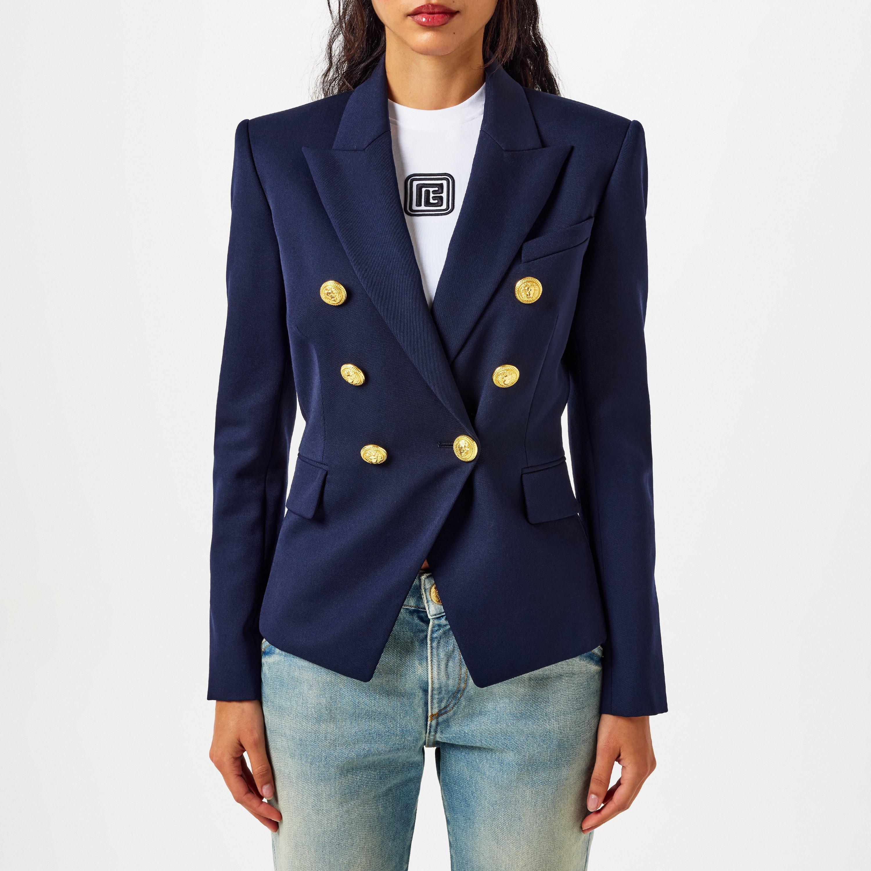 Marine 6UC - Balmain - Women's Double Breasted Wool Long Sleeve Gold-Tone Button Blazer - 3