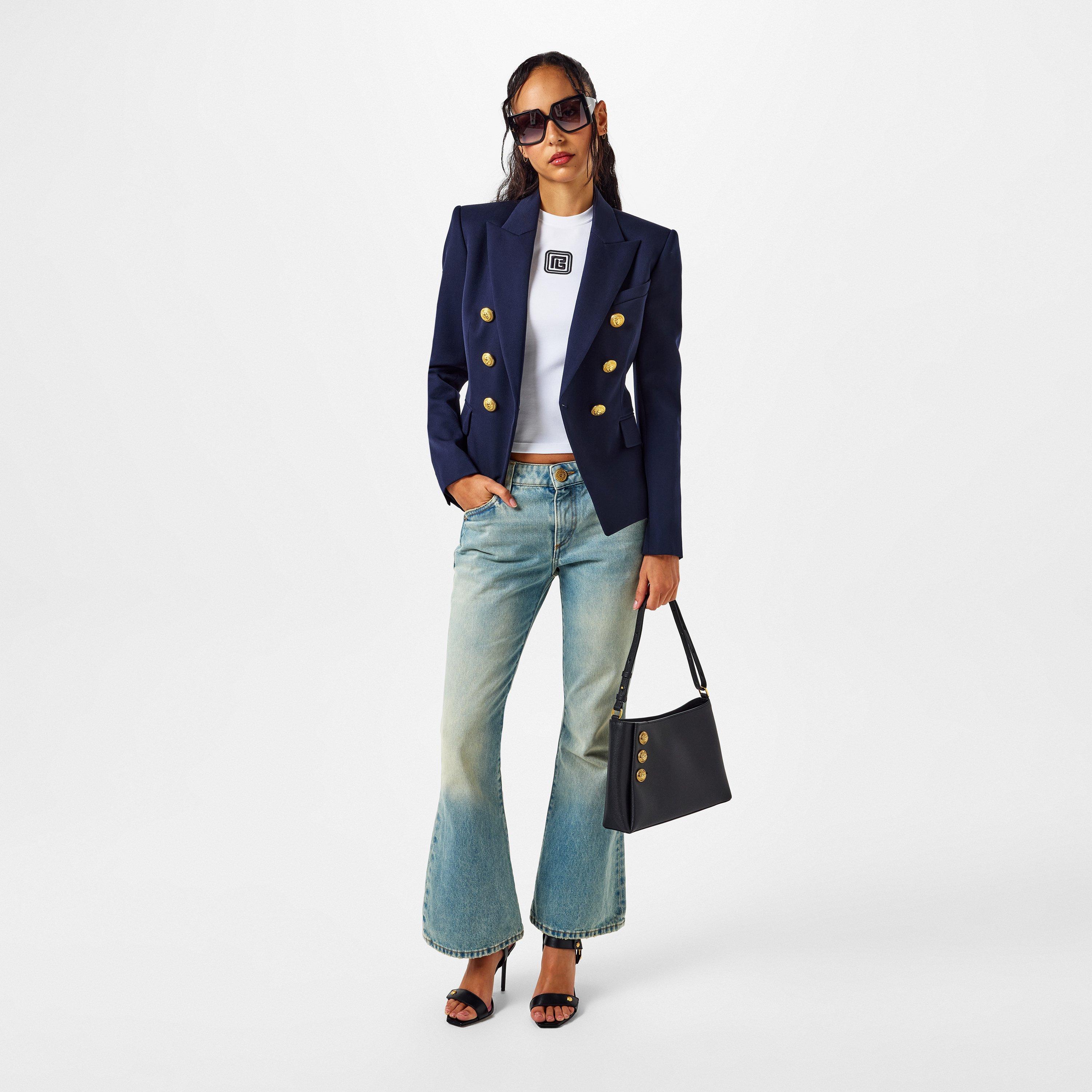 Marine 6UC - Balmain - Women's Double Breasted Wool Long Sleeve Gold-Tone Button Blazer - 6