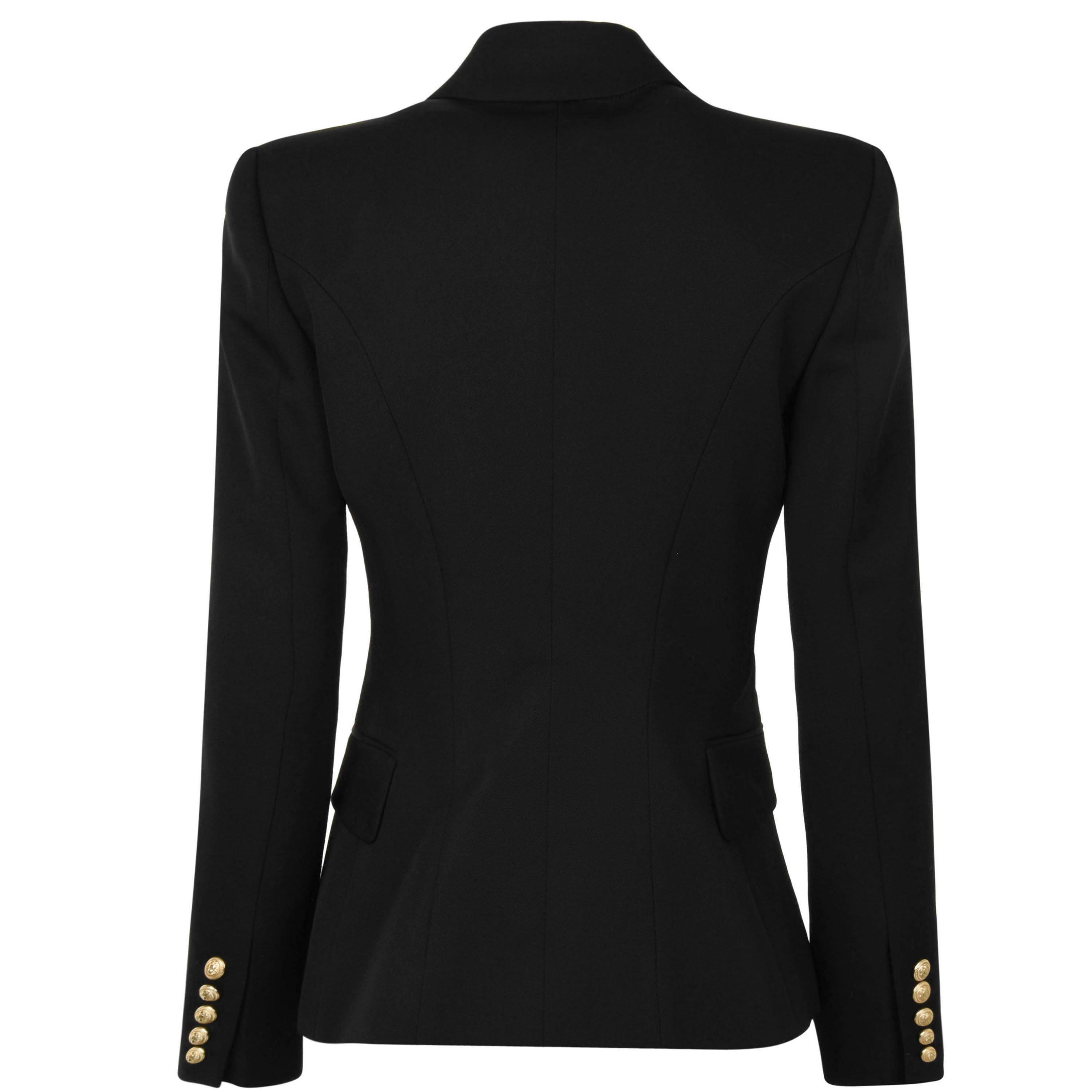 Noir 0PA - Balmain - Women's Double Breasted Wool Long Sleeve Gold-Tone Button Blazer - 2