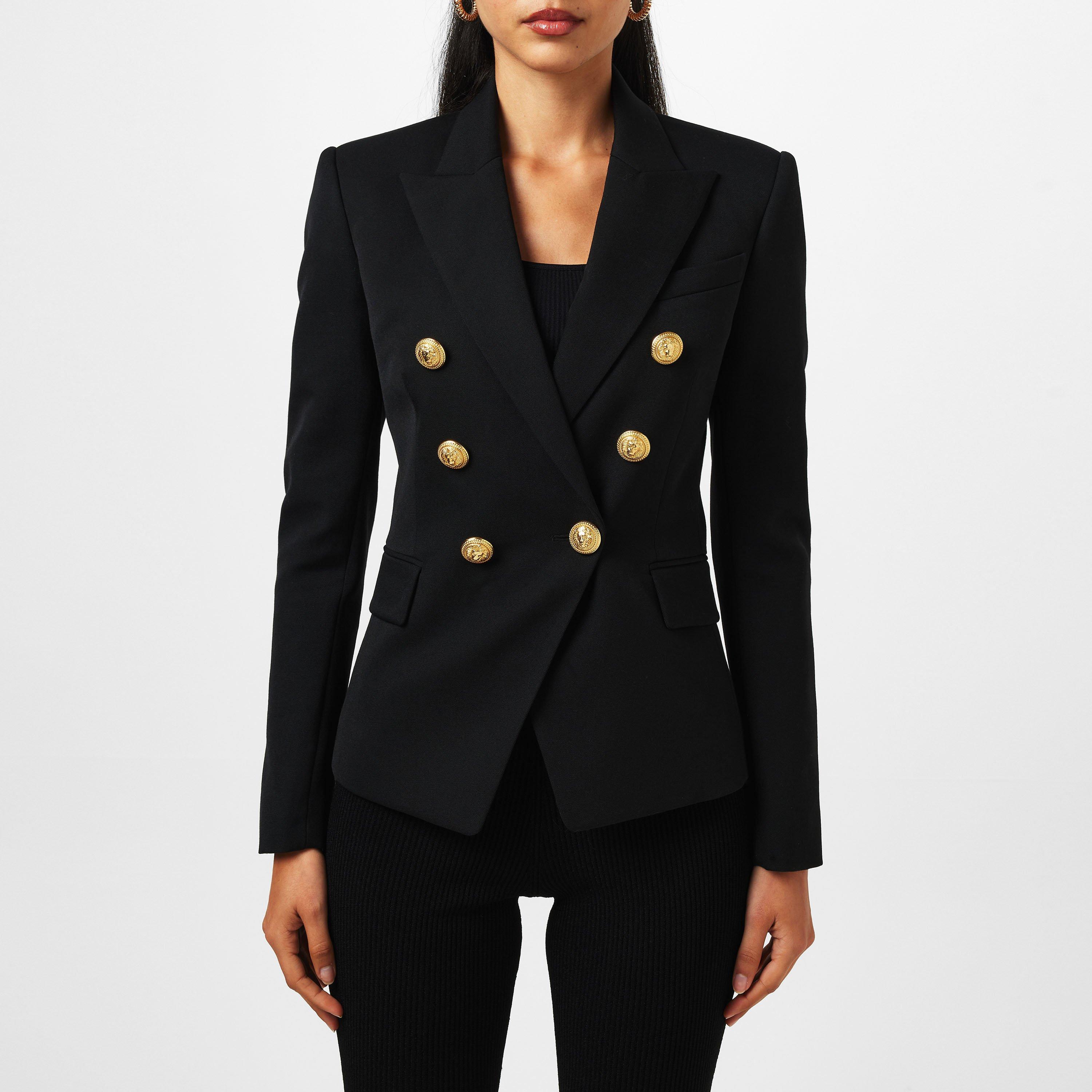 Noir 0PA - Balmain - Women's Double Breasted Wool Long Sleeve Gold-Tone Button Blazer - 3