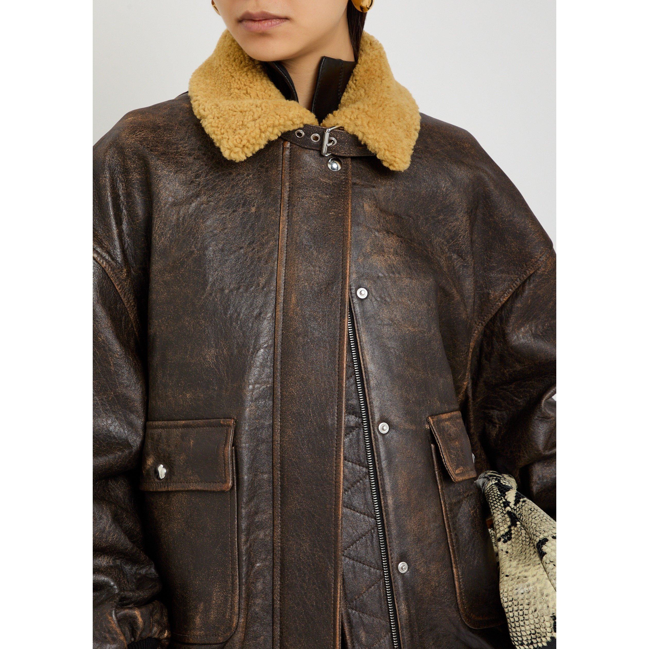 DARK BROWN - Khaite - Women's Sandor Leather Shearling Jacket - 4