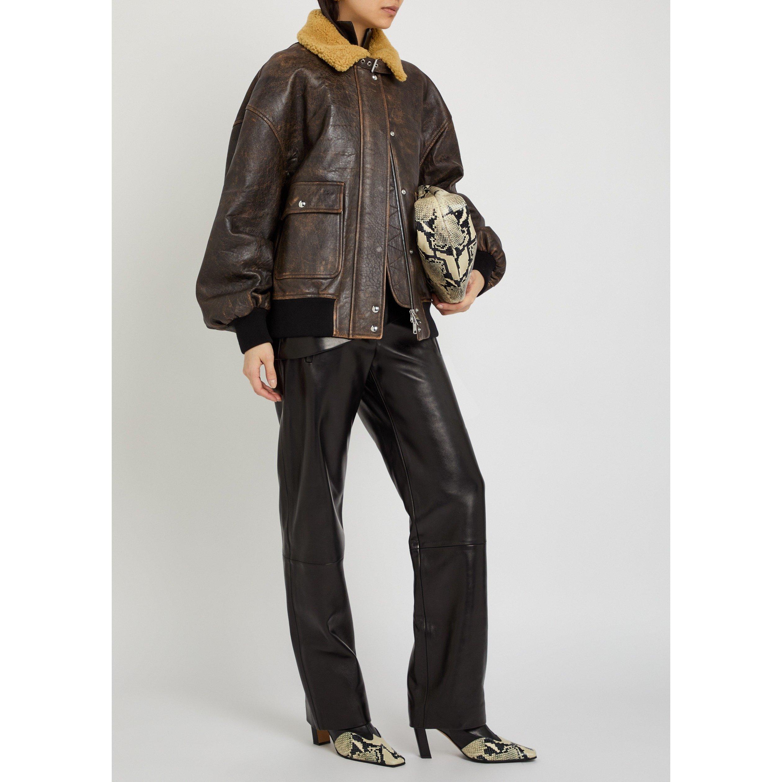 DARK BROWN - Khaite - Women's Sandor Leather Shearling Jacket - 5