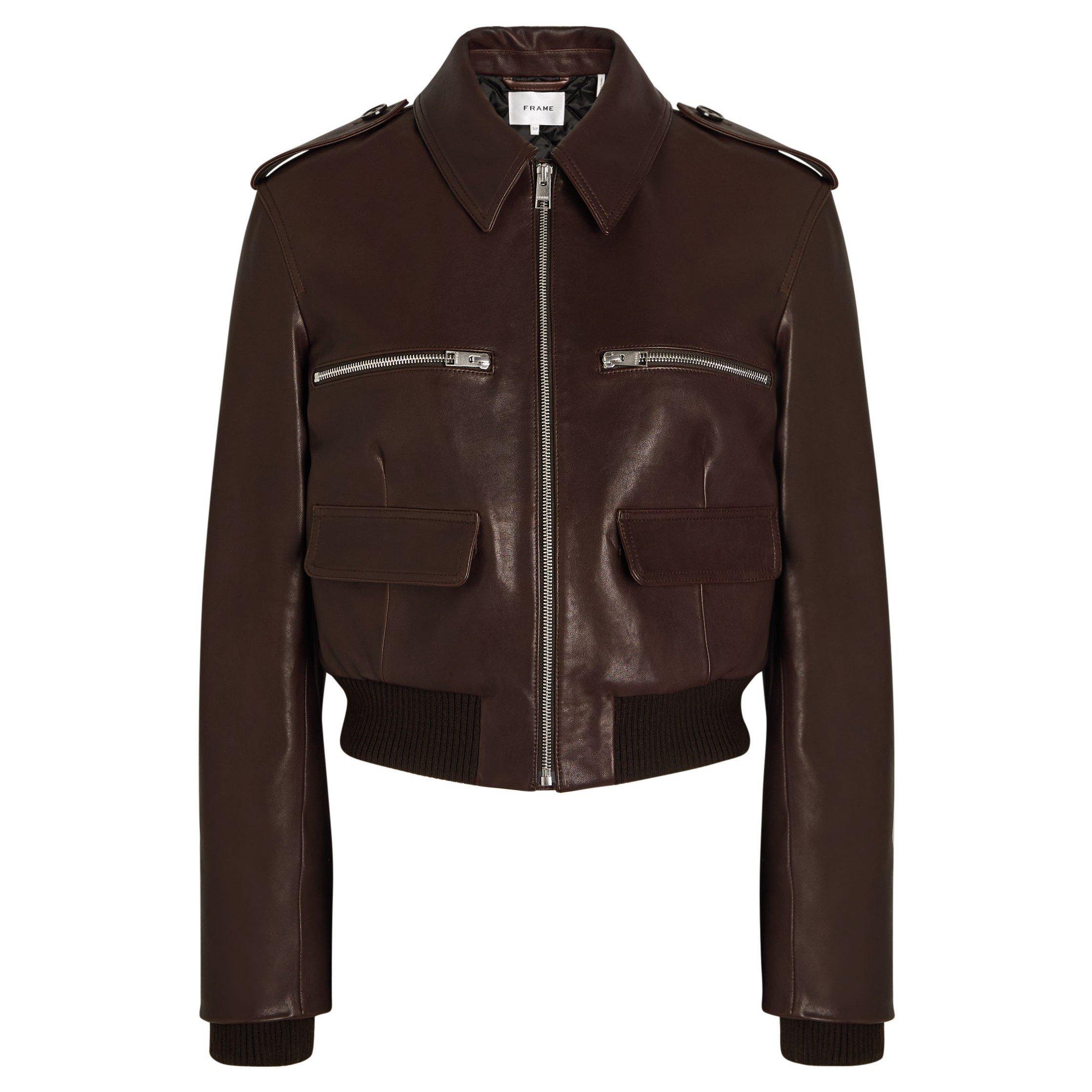 DARK BROWN - Frame Denim - Women's The Aviator Leather Slim-Fit Jacket - 1