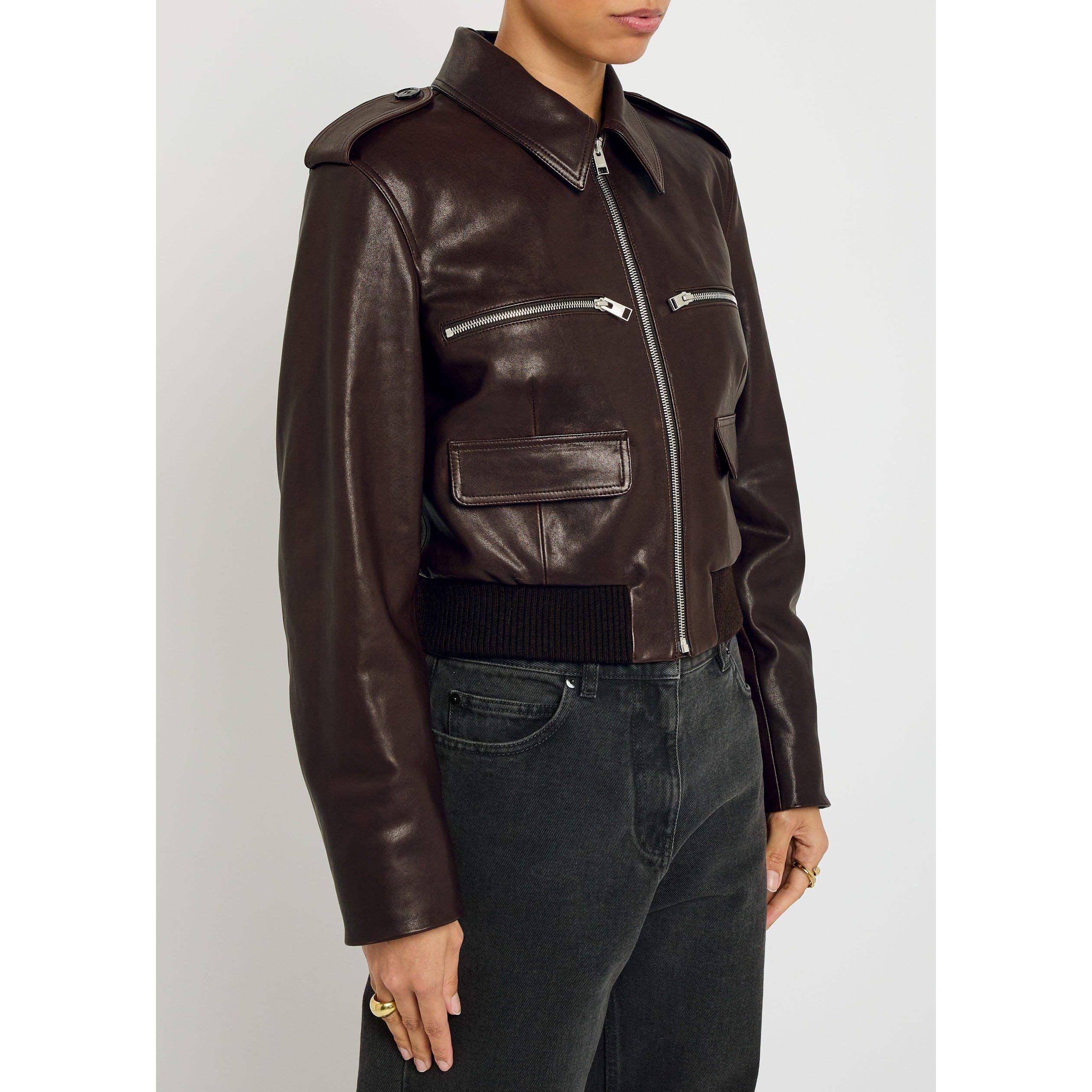 DARK BROWN - Frame Denim - Women's The Aviator Leather Slim-Fit Jacket - 2