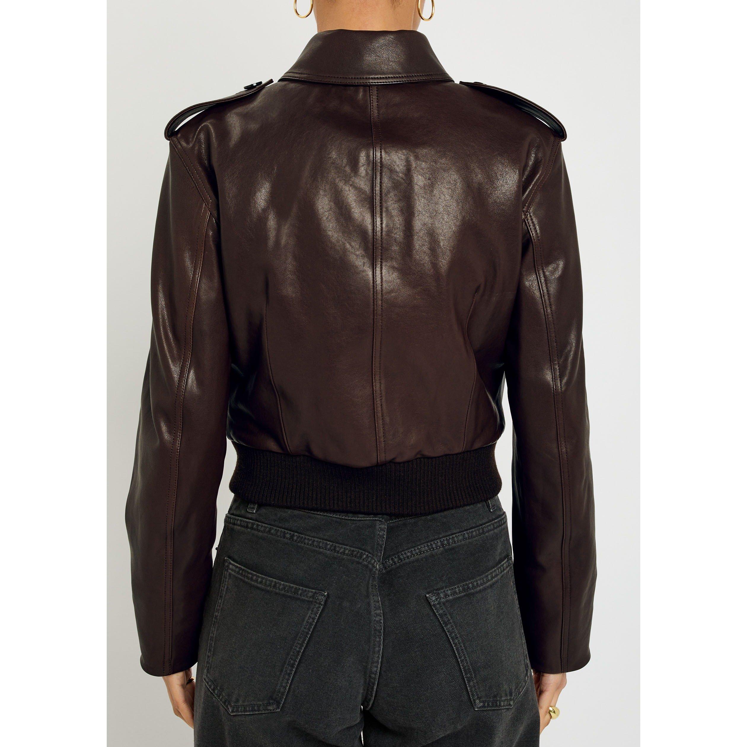DARK BROWN - Frame Denim - Women's The Aviator Leather Slim-Fit Jacket - 3