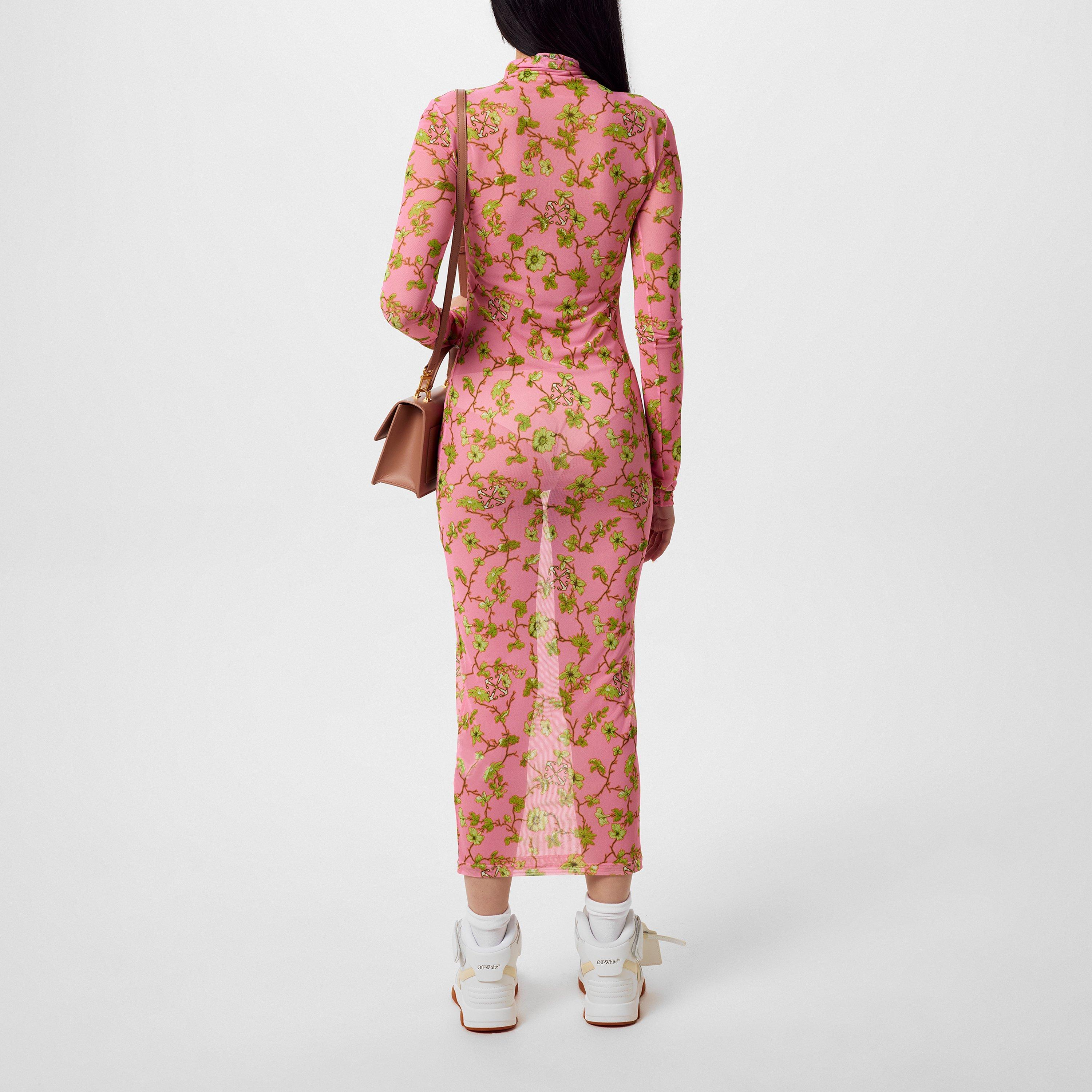 Sea Pink - Off White - Women's Tulle Long Dress, Logo Jacquard Floral Design - 3