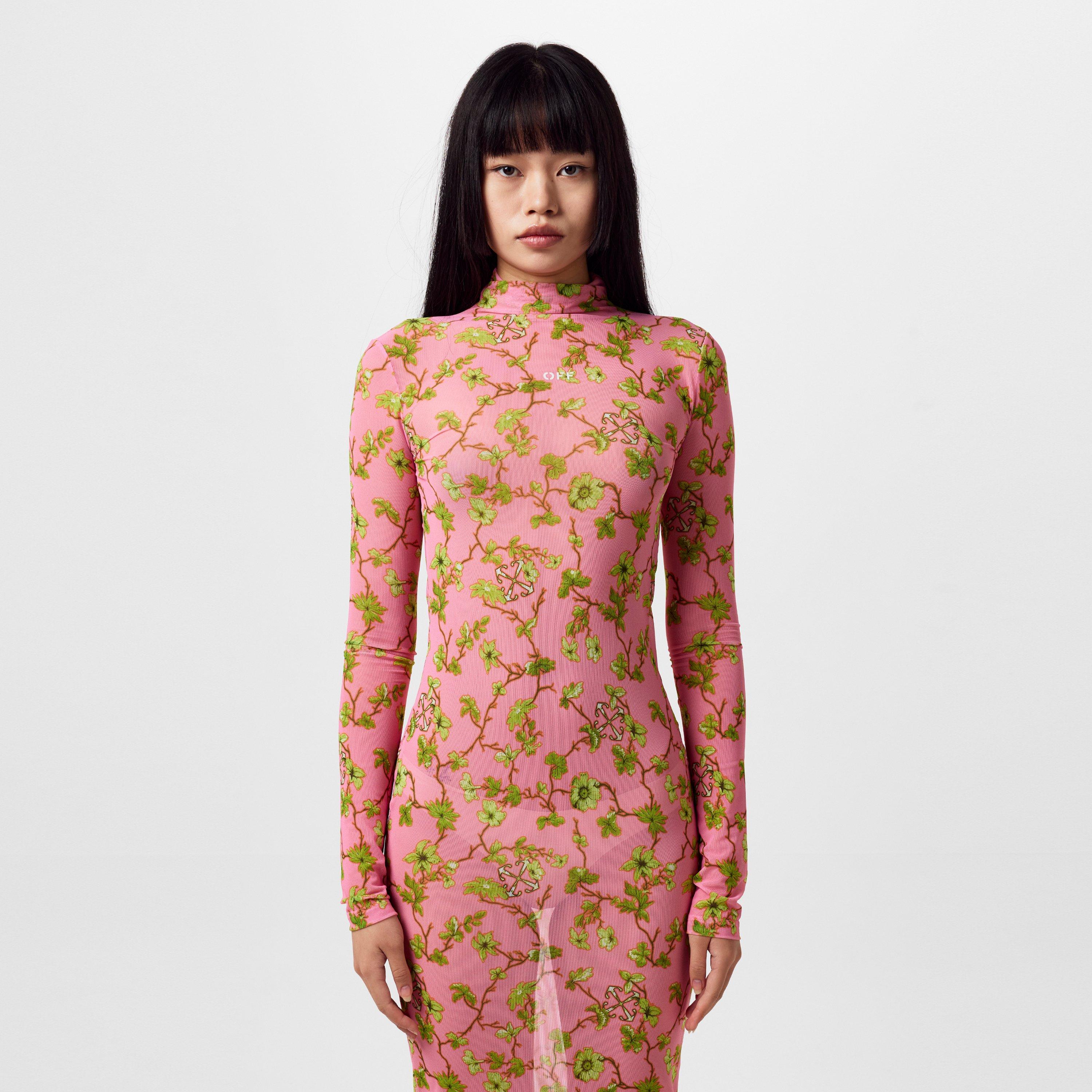 Sea Pink - Off White - Women's Tulle Long Dress, Logo Jacquard Floral Design - 4