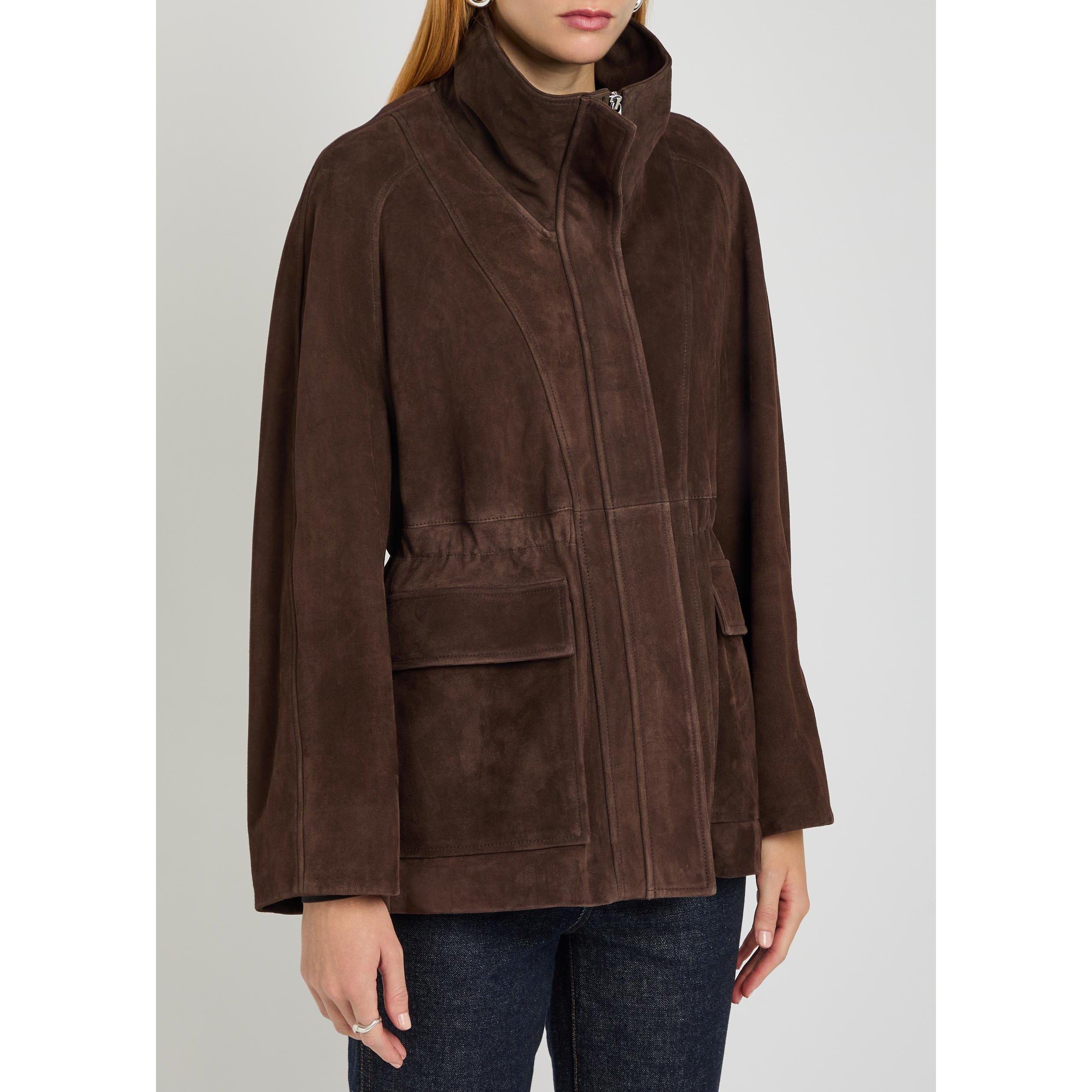 DARK BROWN - Nour Hammour - Women's Quai Suede Funnel-Neck Relaxed-Fit Jacket - 2