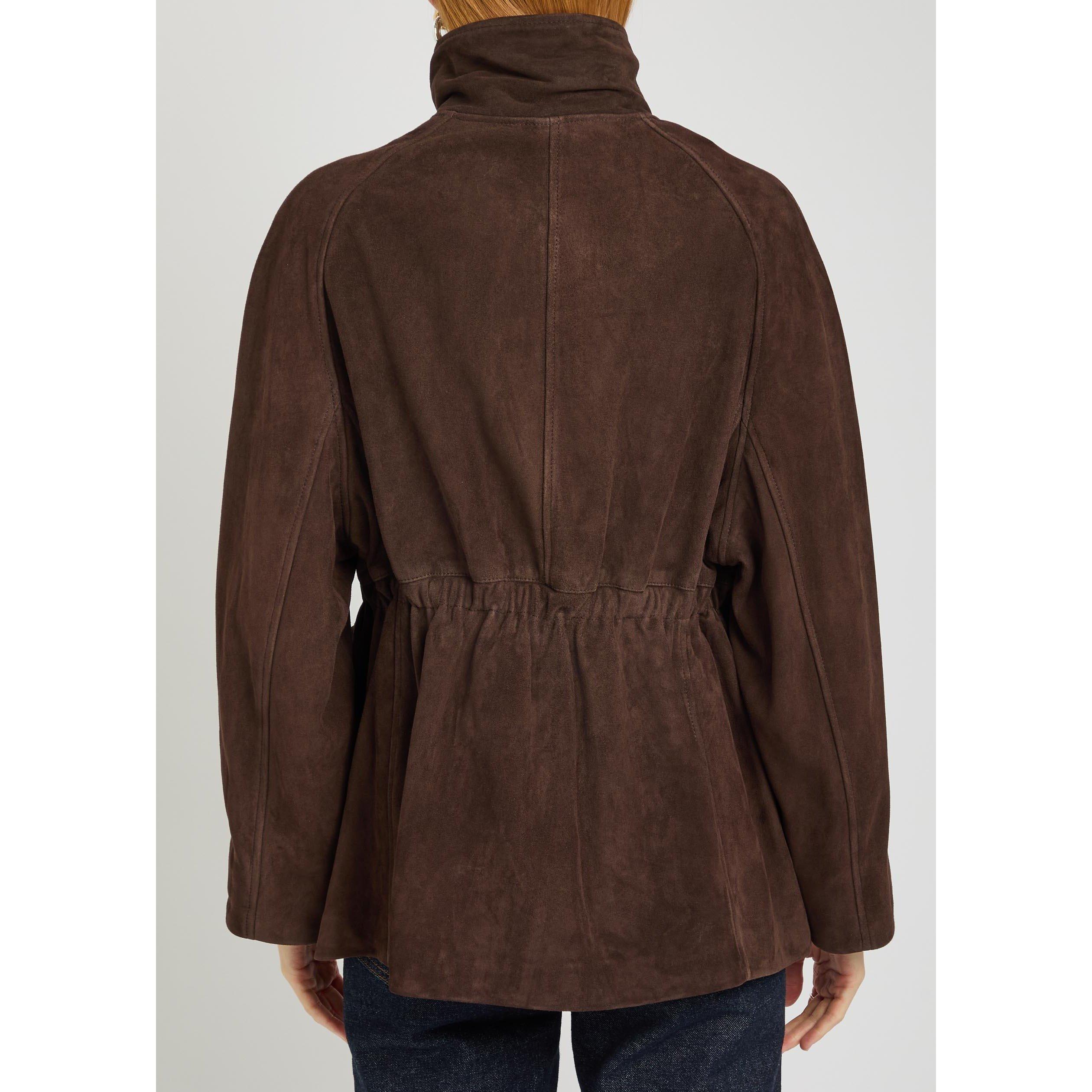 DARK BROWN - Nour Hammour - Women's Quai Suede Funnel-Neck Relaxed-Fit Jacket - 3