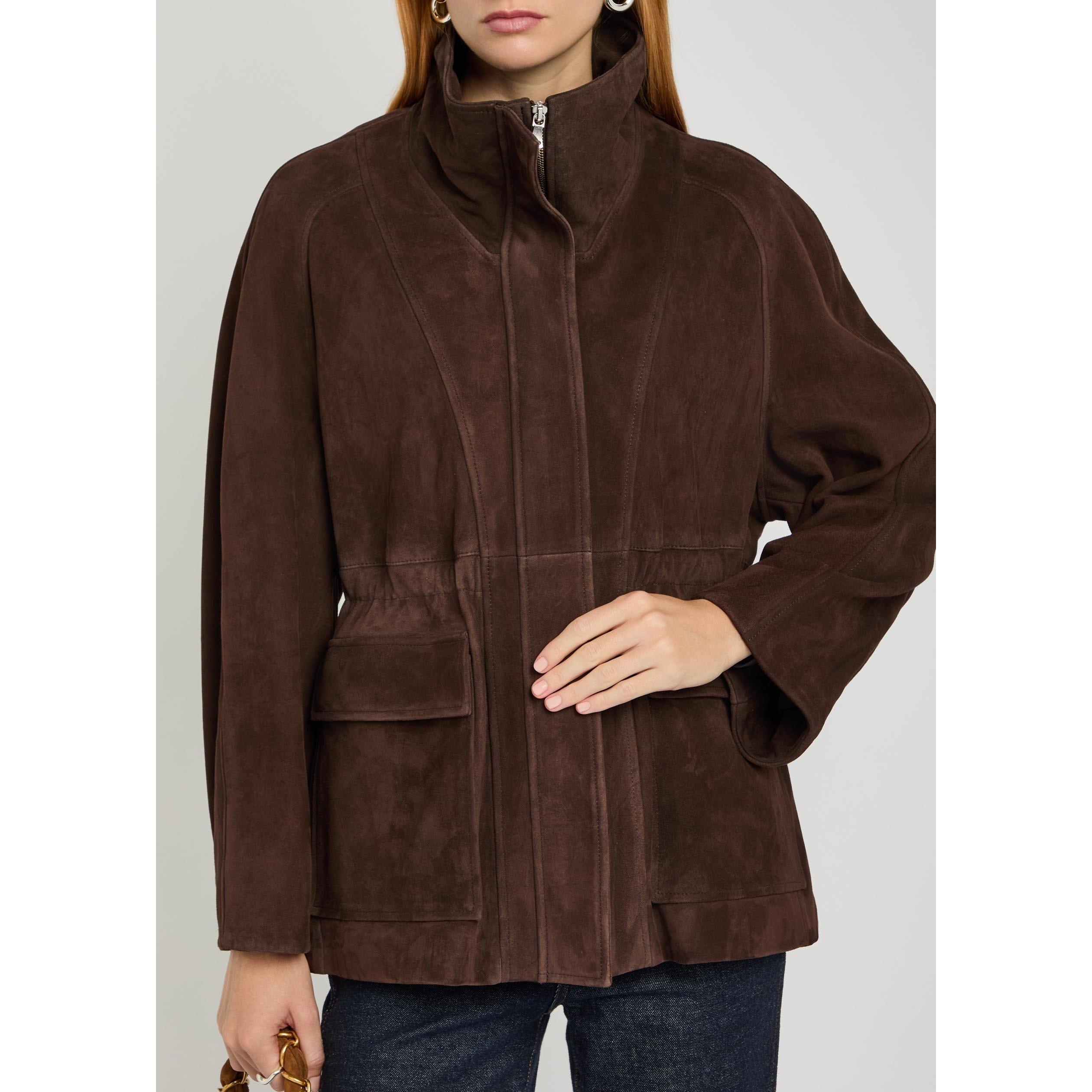 DARK BROWN - Nour Hammour - Women's Quai Suede Funnel-Neck Relaxed-Fit Jacket - 4