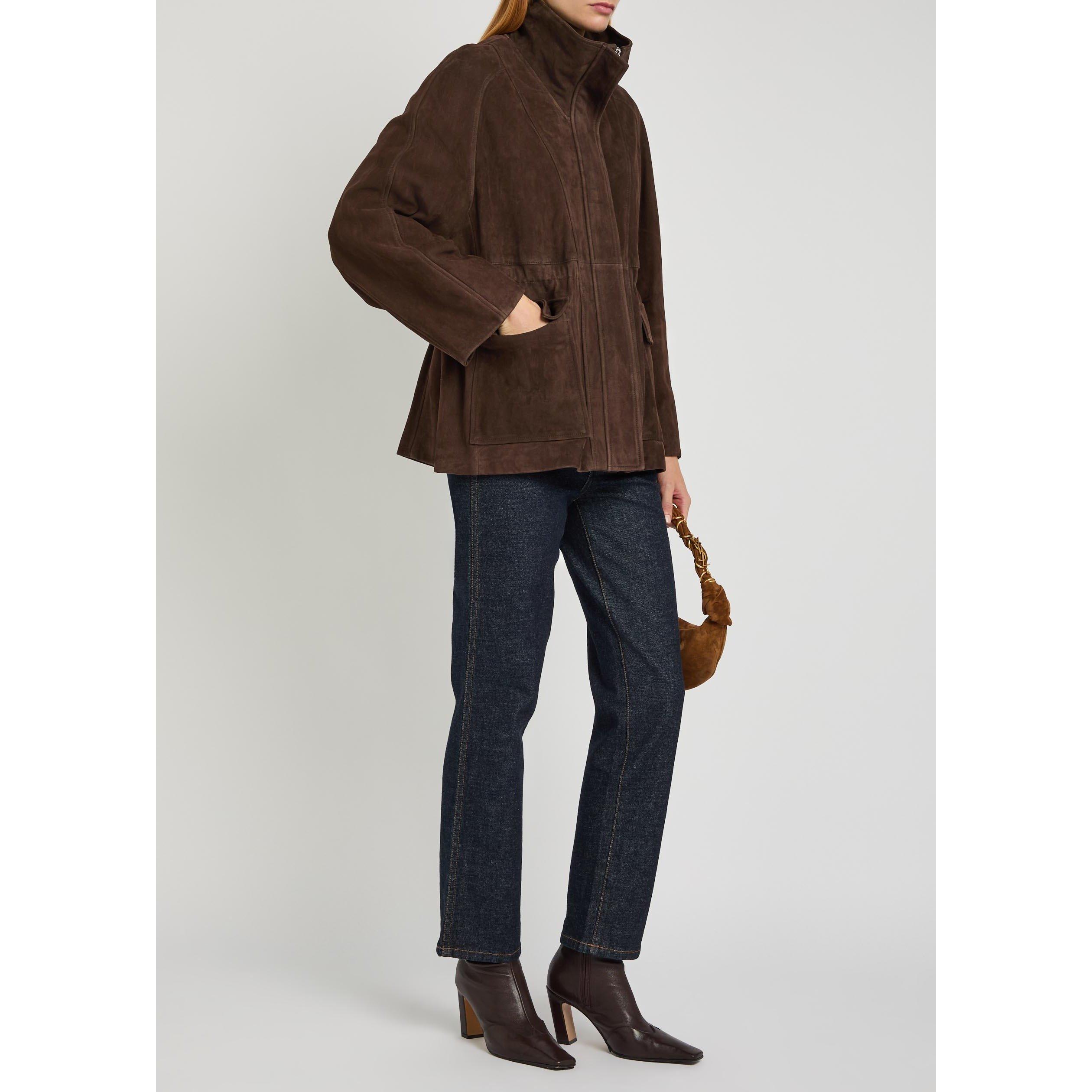 DARK BROWN - Nour Hammour - Women's Quai Suede Funnel-Neck Relaxed-Fit Jacket - 5