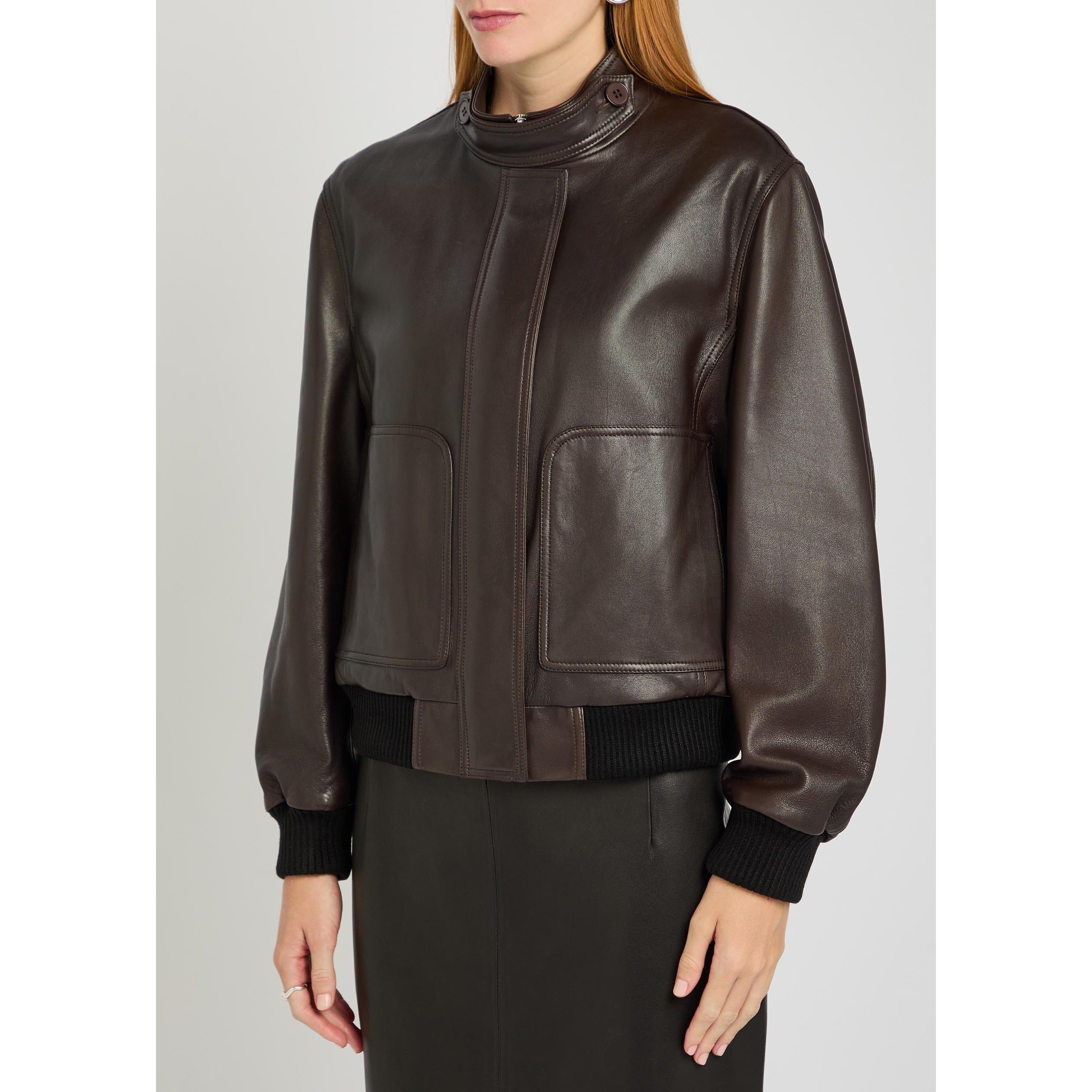 DARK BROWN - Nour Hammour - Women's Rios Leather Bomber Jacket - 2