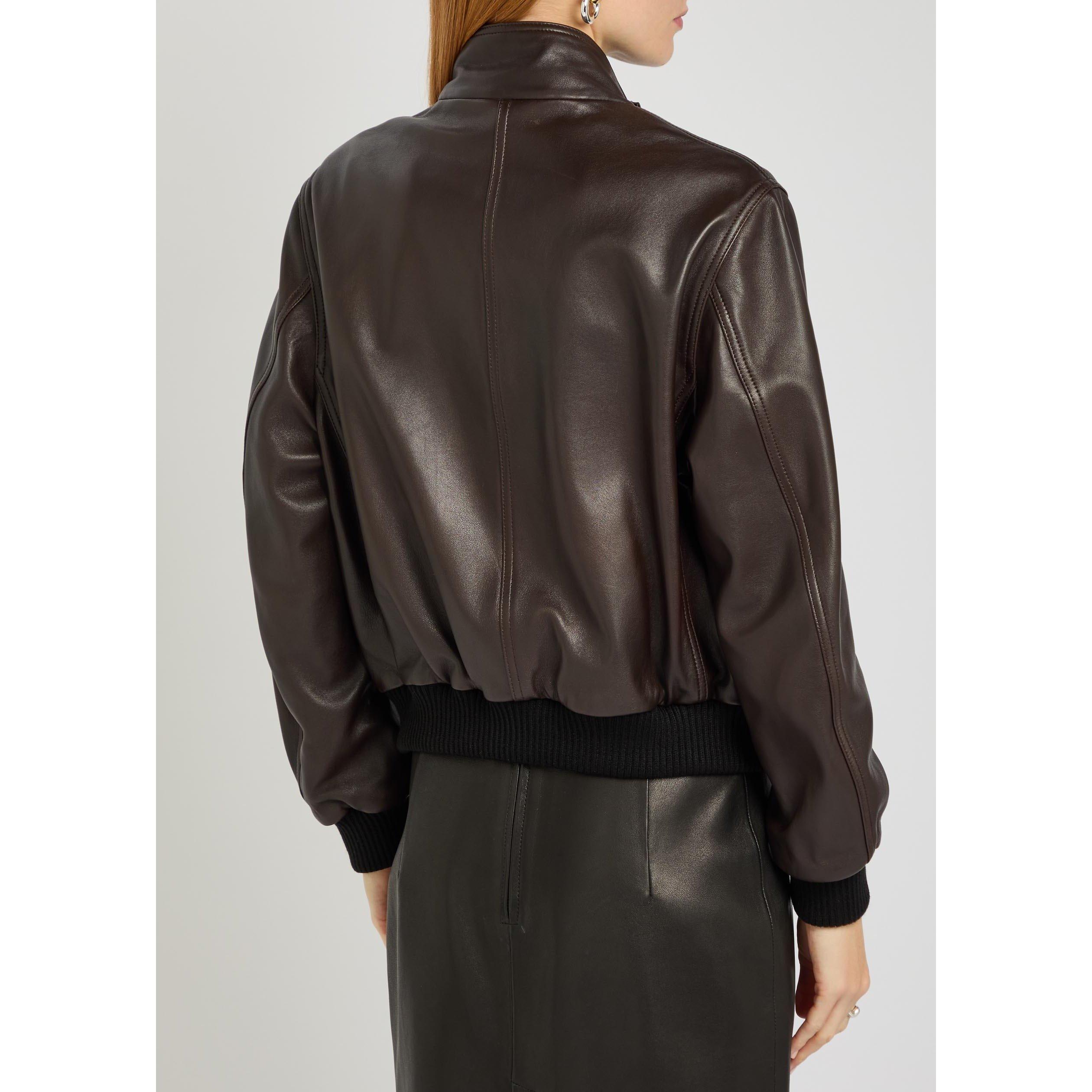 DARK BROWN - Nour Hammour - Women's Rios Leather Bomber Jacket - 3