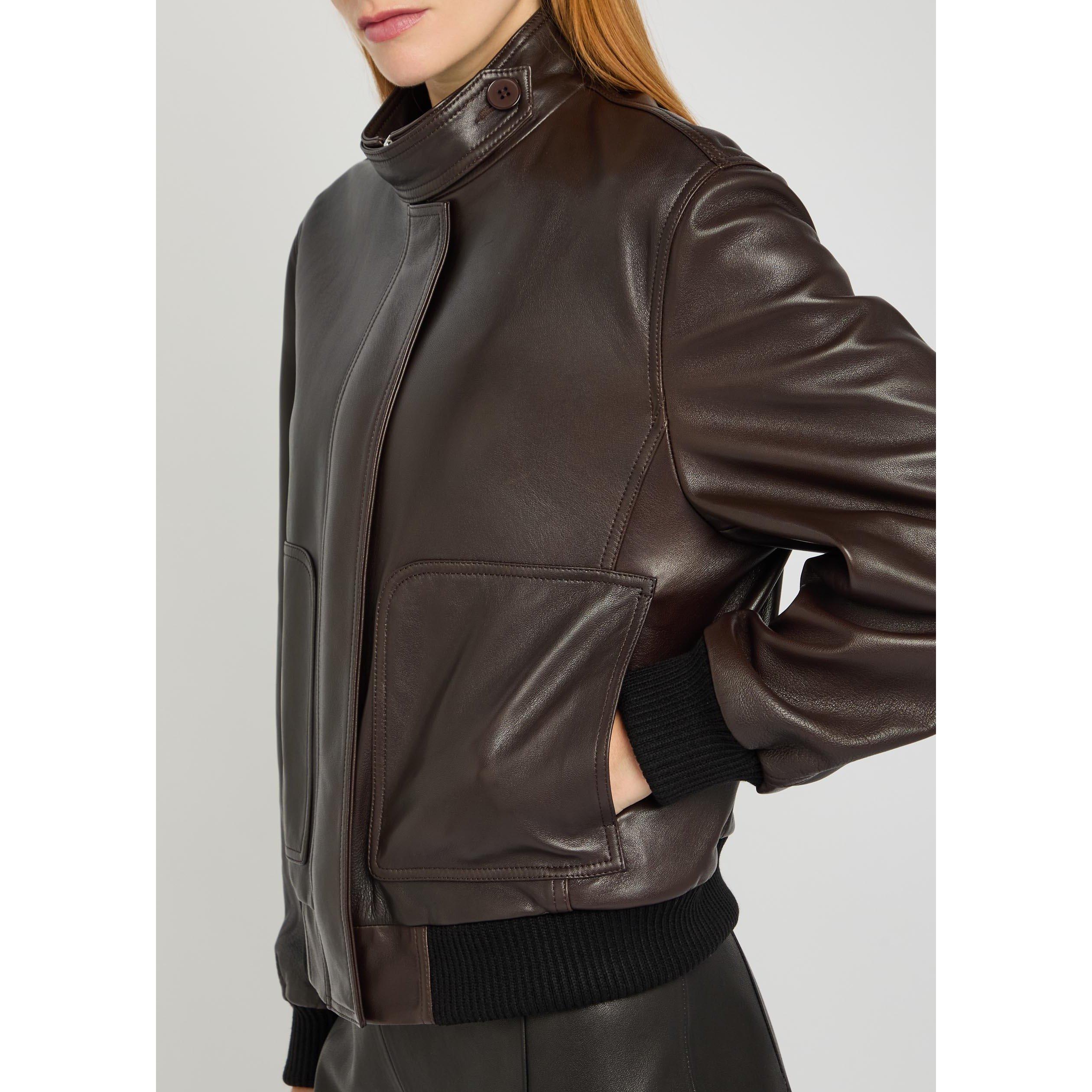 DARK BROWN - Nour Hammour - Women's Rios Leather Bomber Jacket - 4