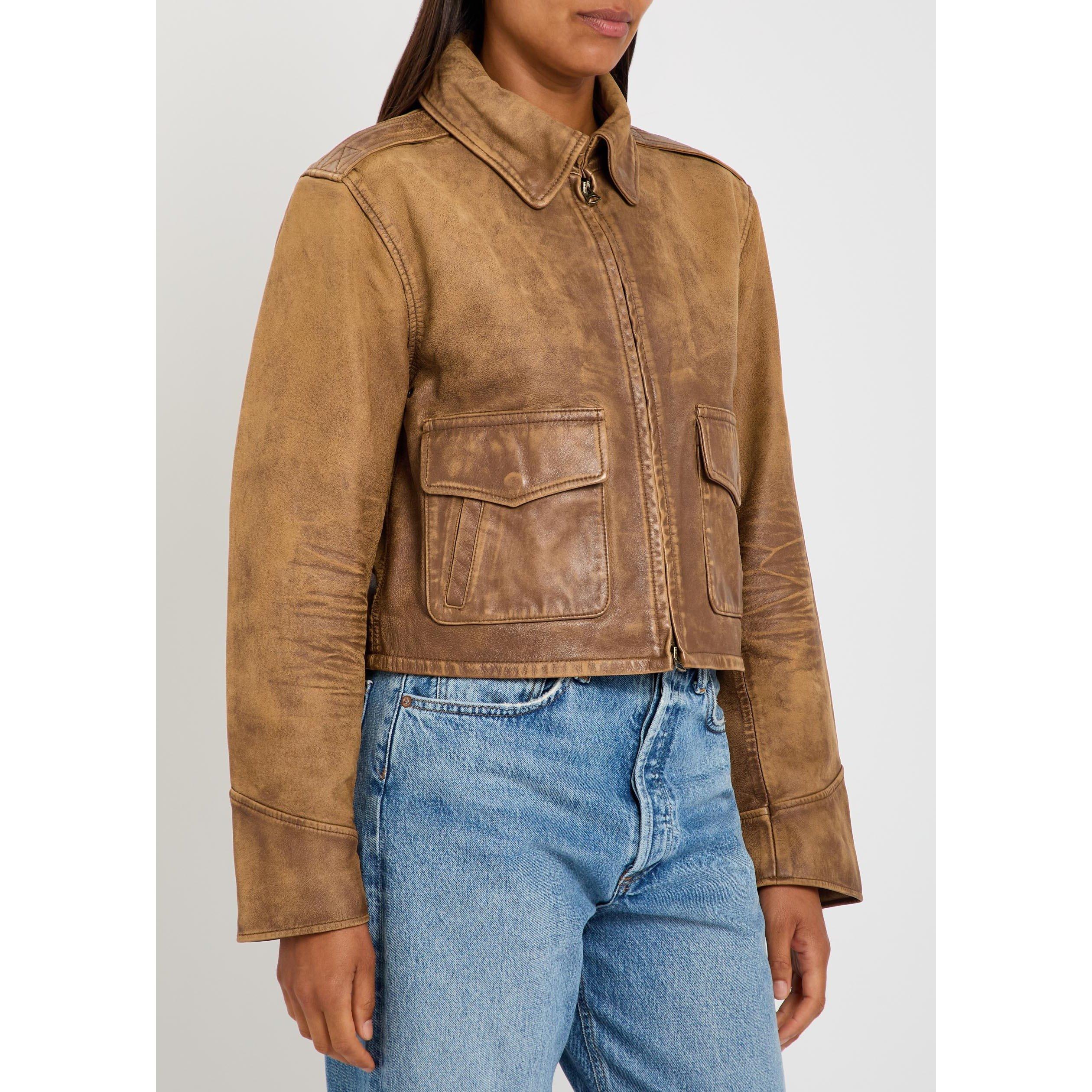 LIGHT BROWN - Polo Ralph Lauren - Women's Cropped Distressed Leather Jacket - 2
