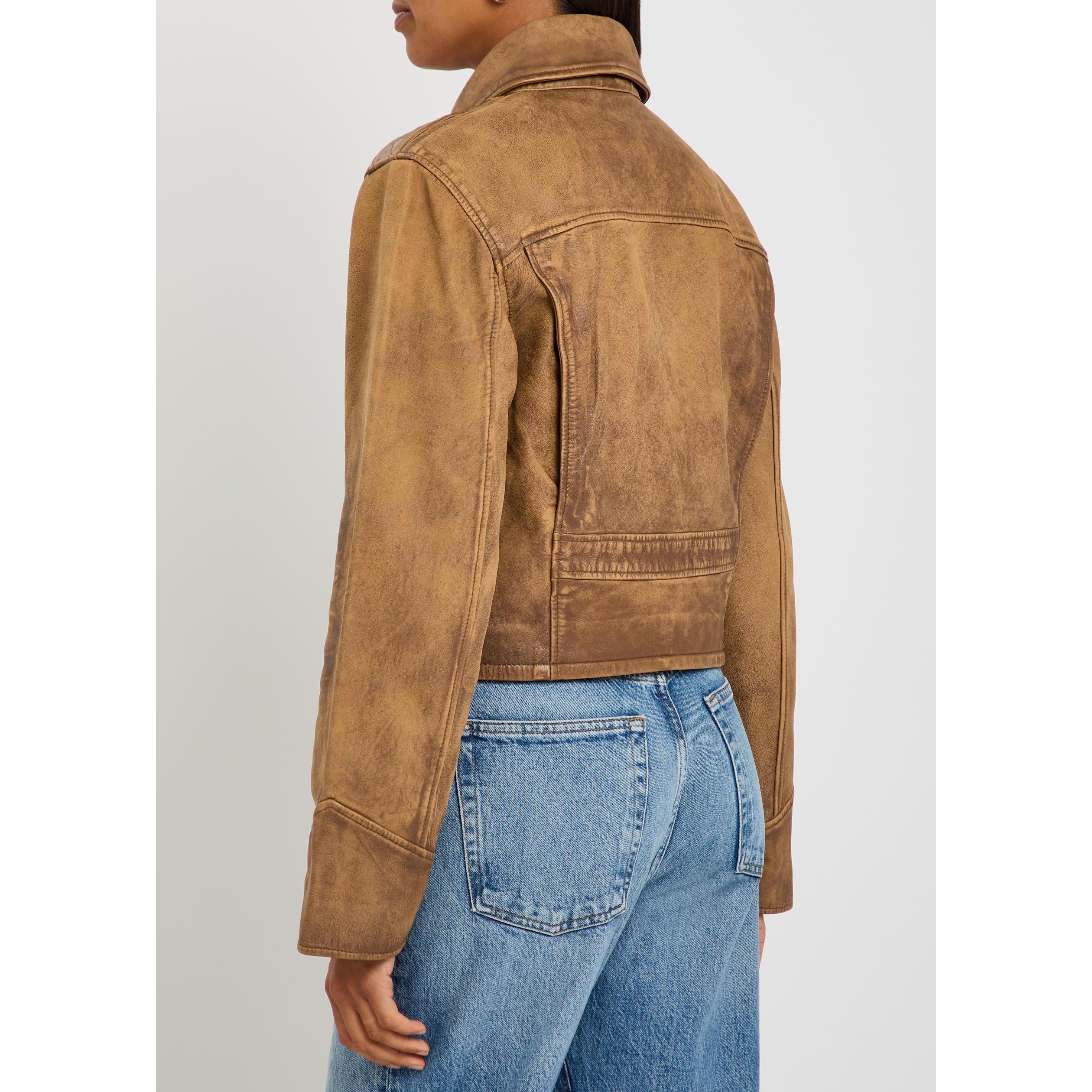 LIGHT BROWN - Polo Ralph Lauren - Women's Cropped Distressed Leather Jacket - 3