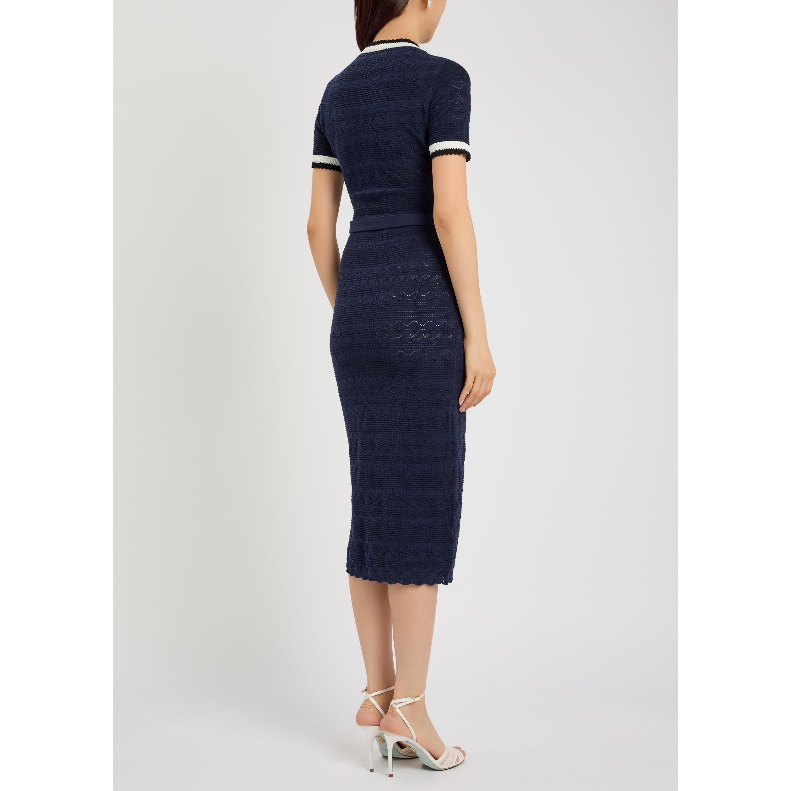 NAVY - Self Portrait - LD POINTELLE KNIT MIDI DRESS - 3