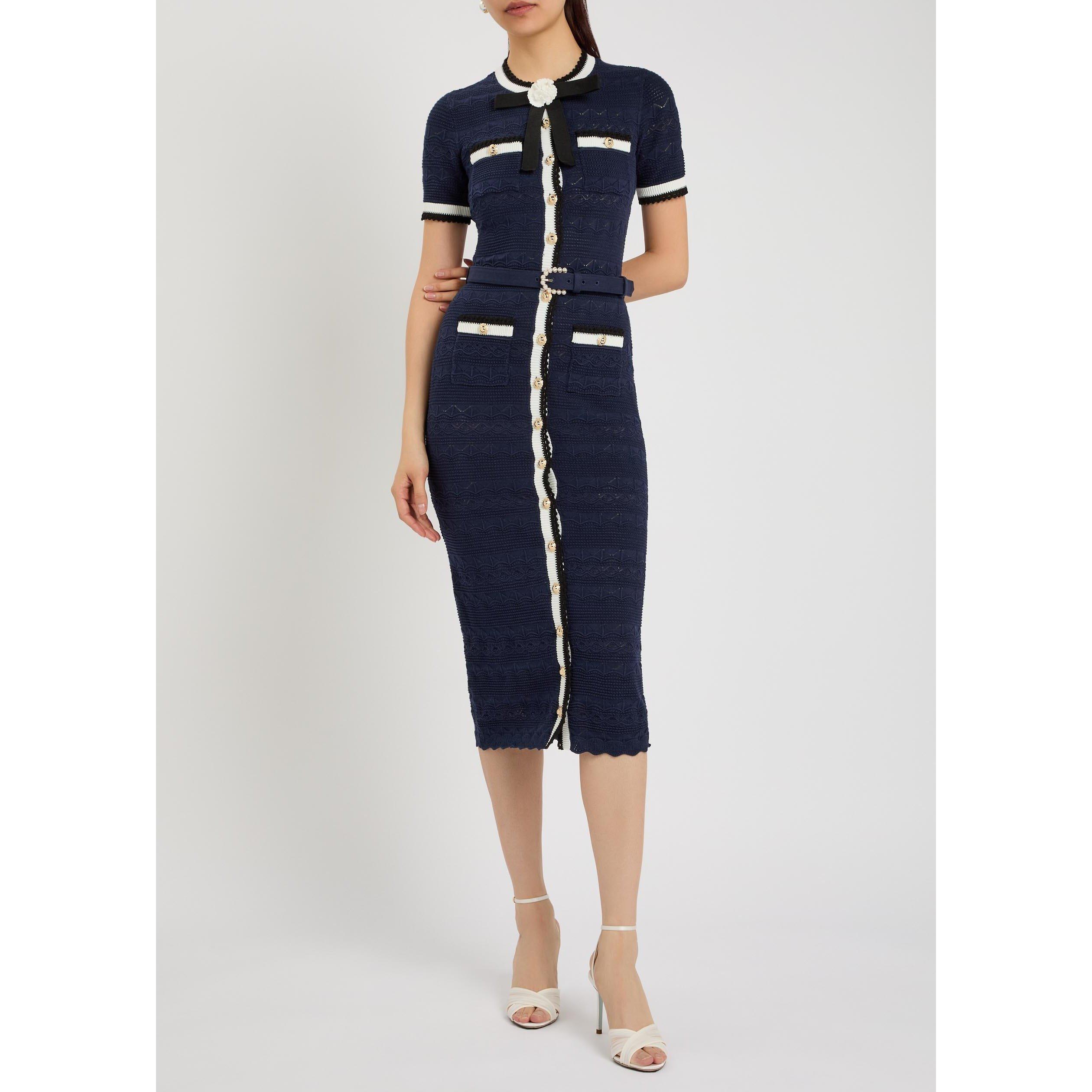 NAVY - Self Portrait - LD POINTELLE KNIT MIDI DRESS - 5