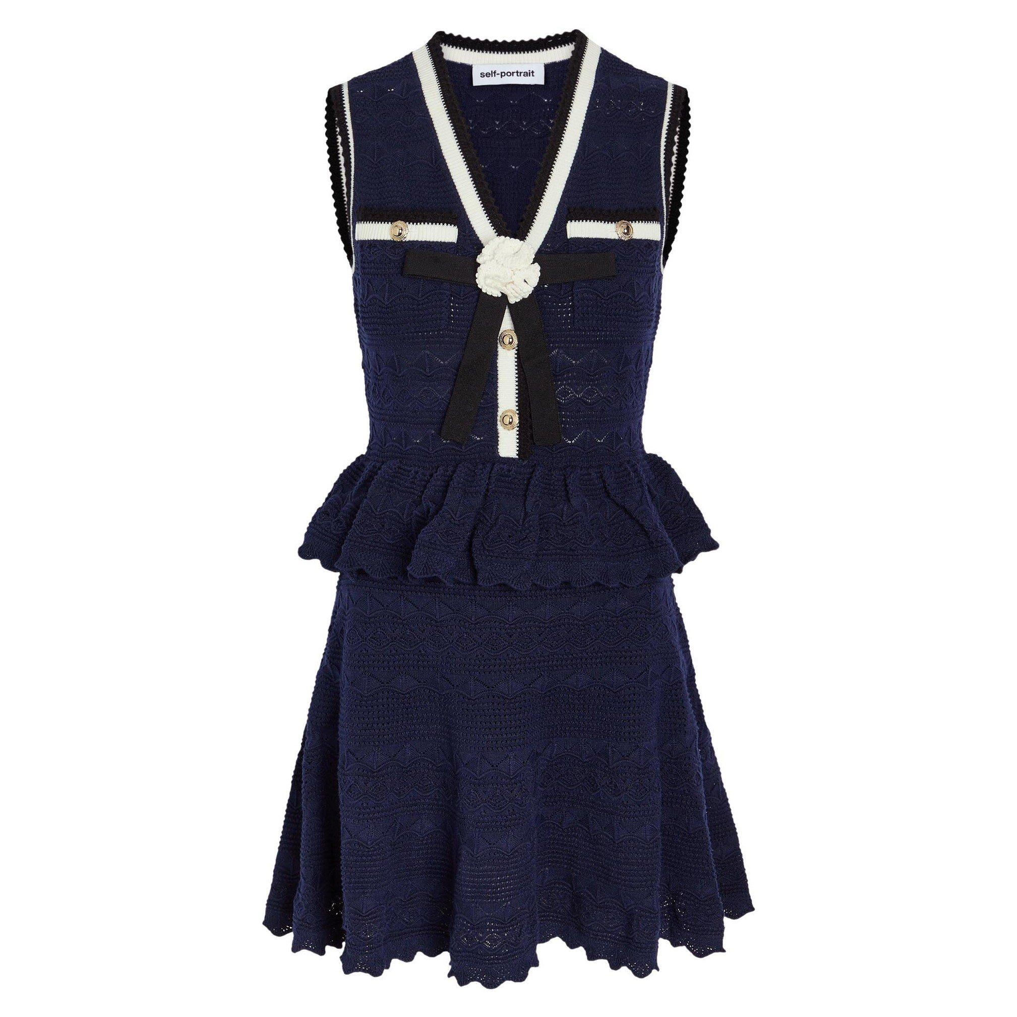 NAVY - Self Portrait - SD PEPLUM POINTELLE KNIT DRESS
