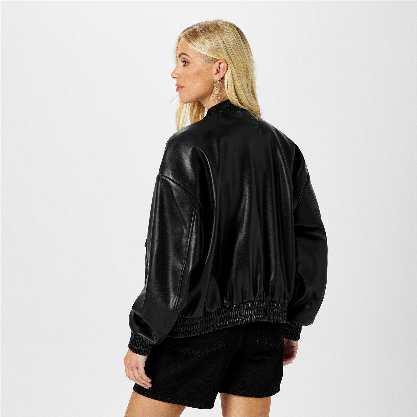 Schwarz - Biba - Women's  Faux Leather Long Sleeve Bomber Jacket - 5