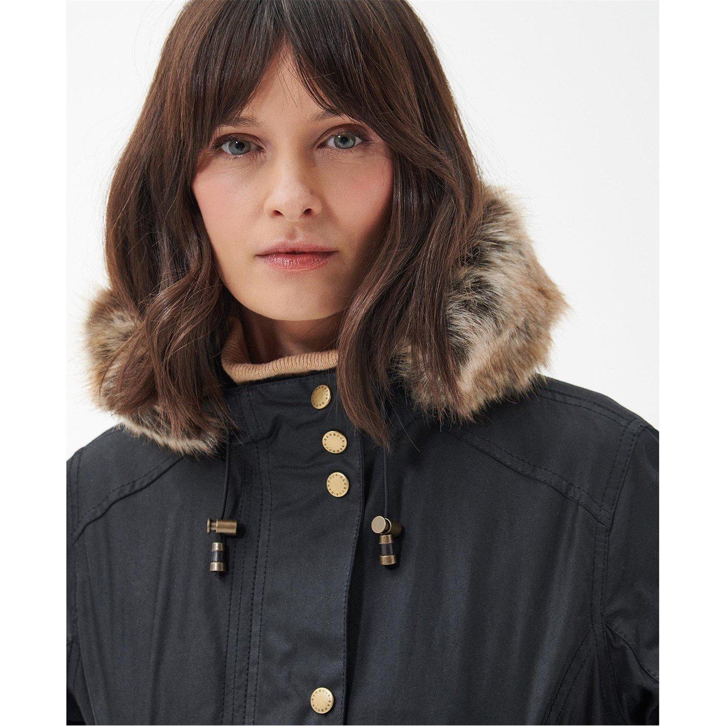 Black - Barbour - Women's Kelsall Water Resistant Waxed Cotton Hooded Mid-Length Wax Jacket - 4