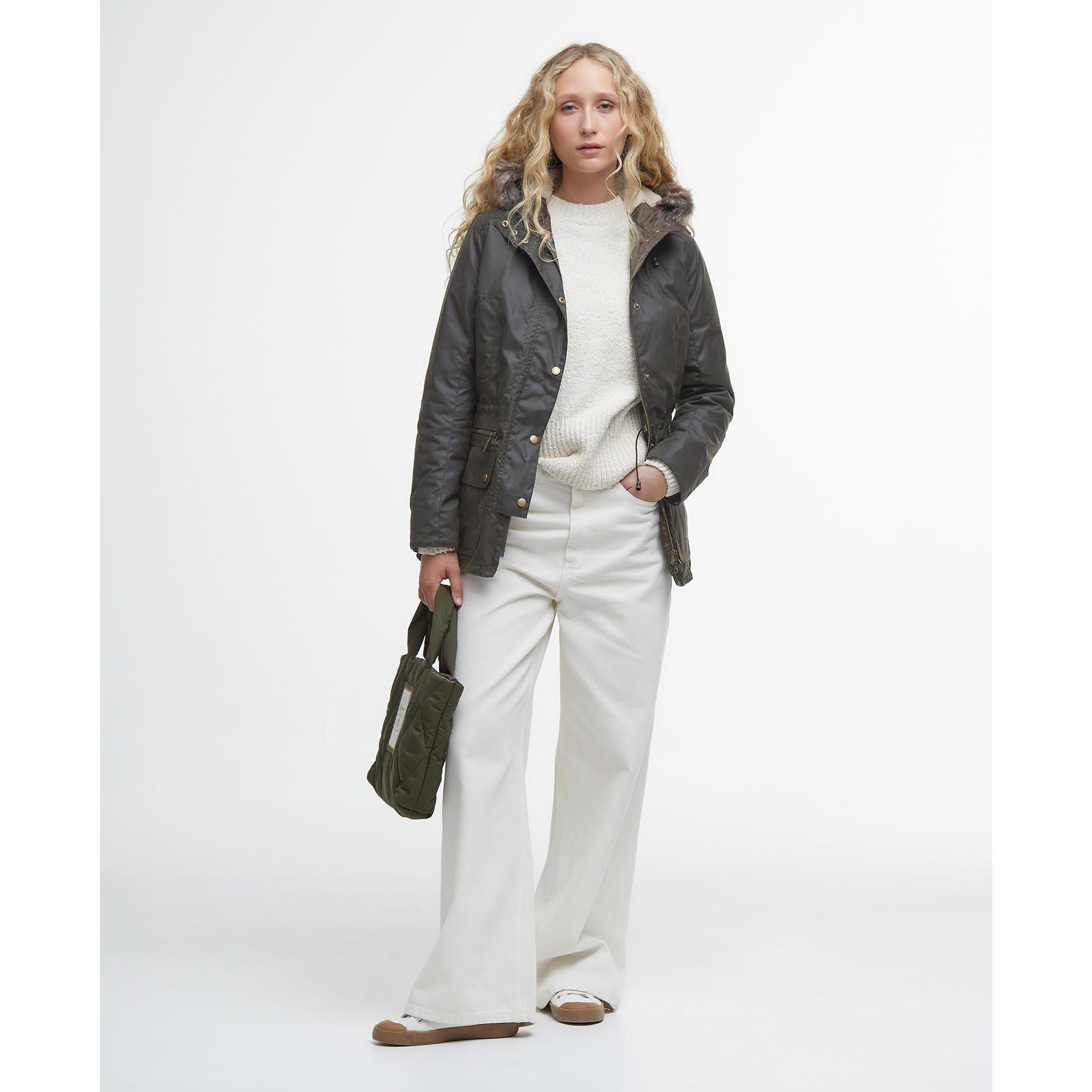 Olive - Barbour - Women's Kelsall Water Resistant Waxed Cotton Hooded Mid-Length Wax Jacket - 3