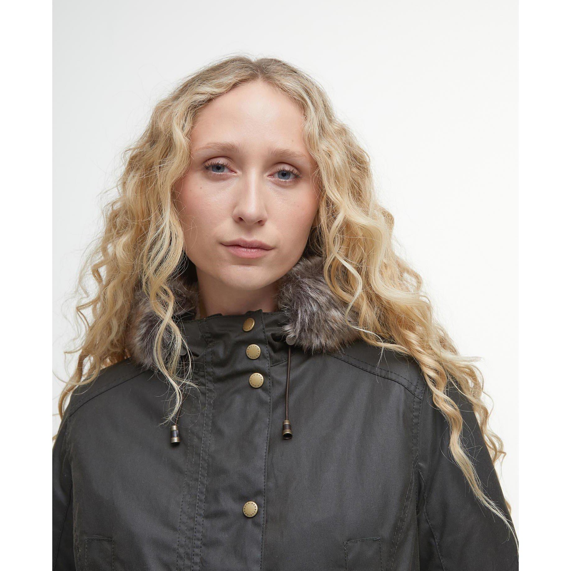 Olive - Barbour - Women's Kelsall Water Resistant Waxed Cotton Hooded Mid-Length Wax Jacket - 4