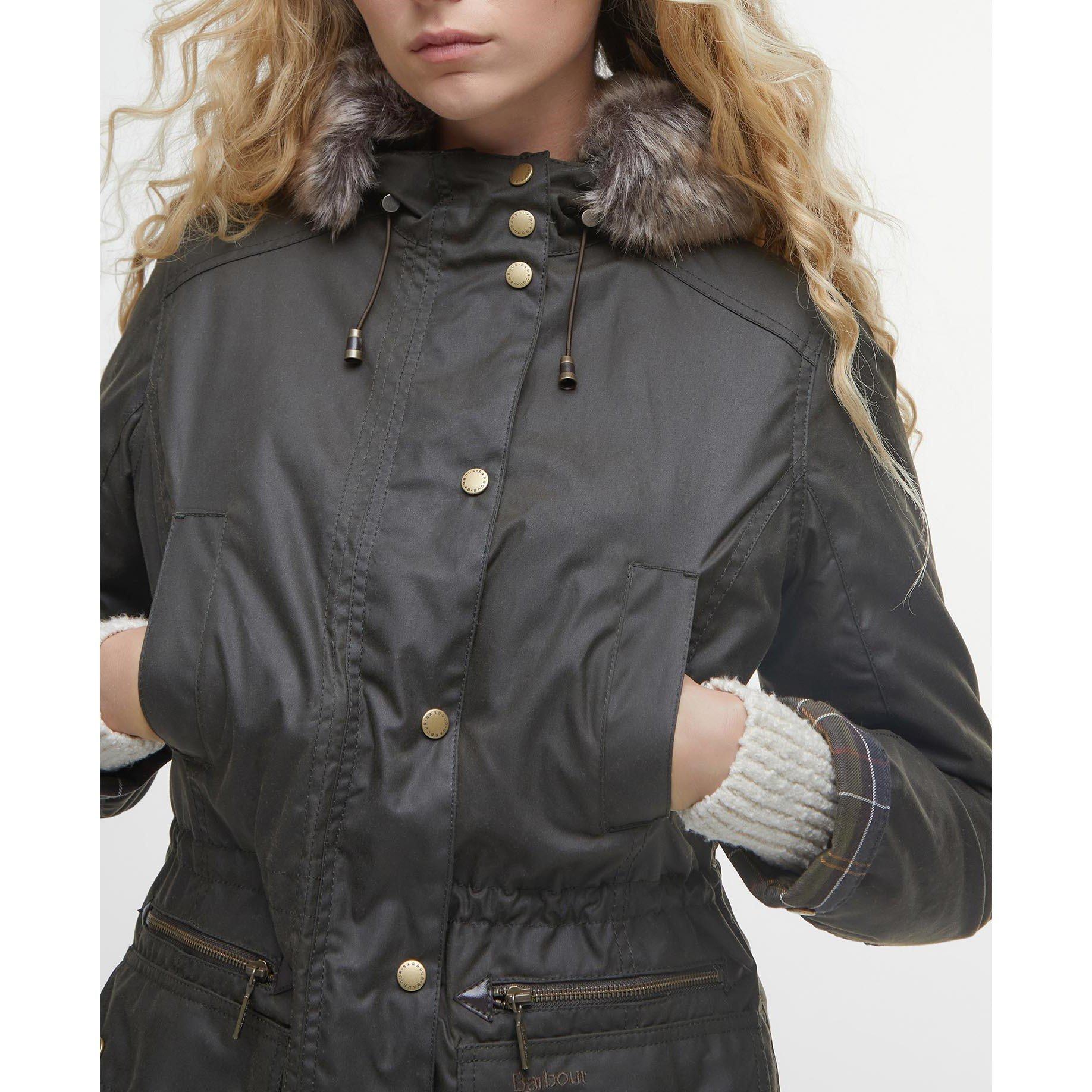 Olive - Barbour - Women's Kelsall Water Resistant Waxed Cotton Hooded Mid-Length Wax Jacket - 5