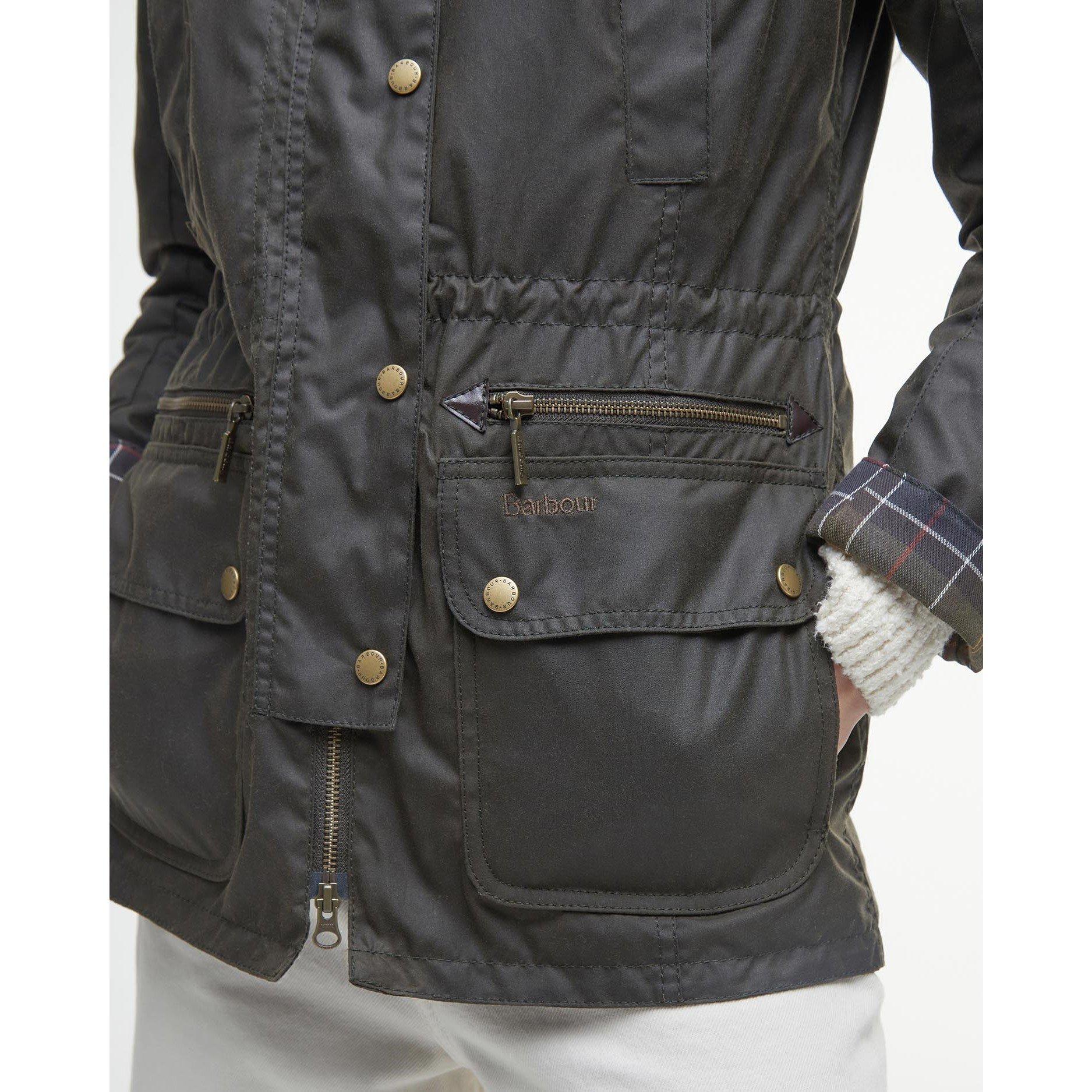 Olive - Barbour - Women's Kelsall Water Resistant Waxed Cotton Hooded Mid-Length Wax Jacket - 6