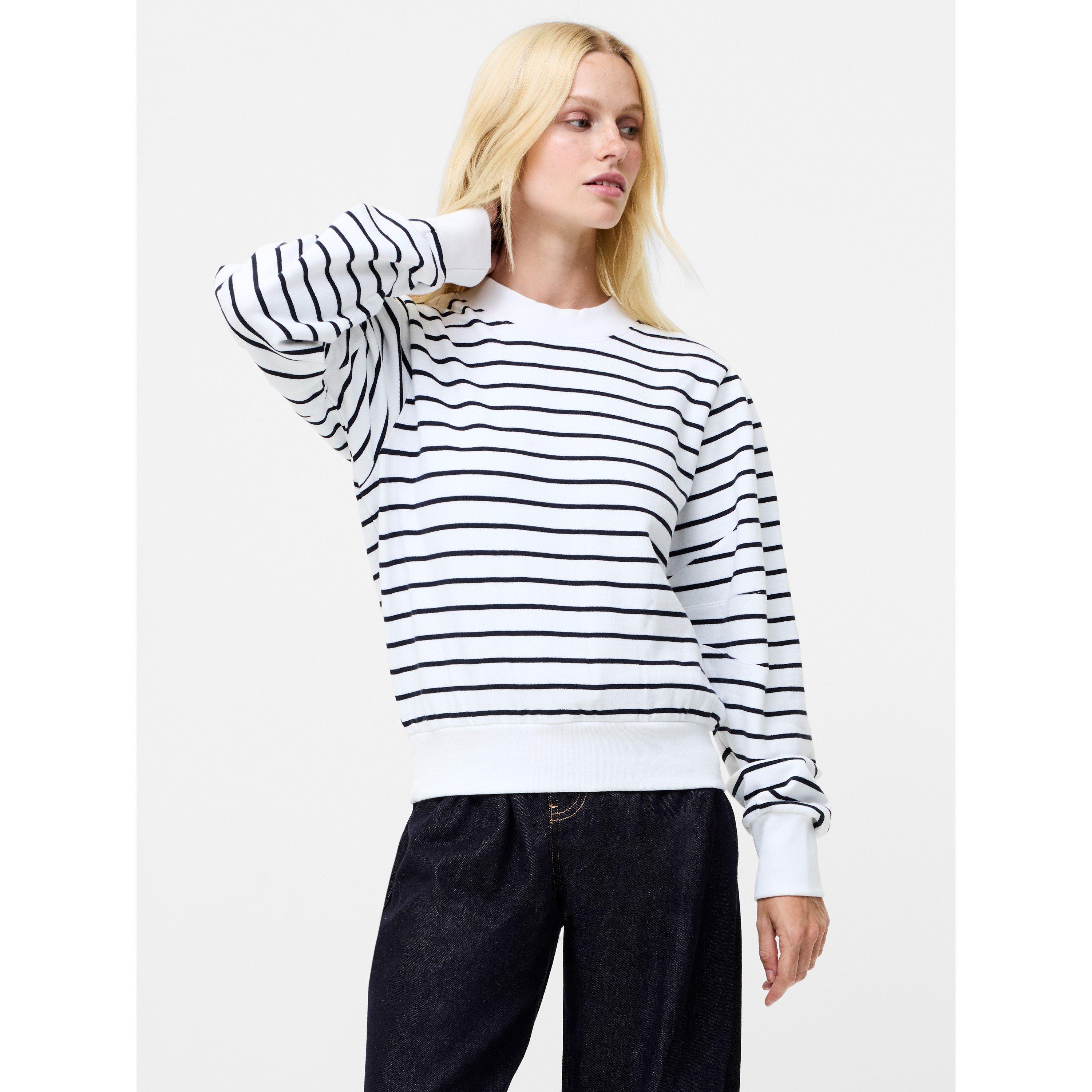 White - French Connection - Women's Sunday Stripe Cotton Relaxed Fit Crew Sweatshirt - 1