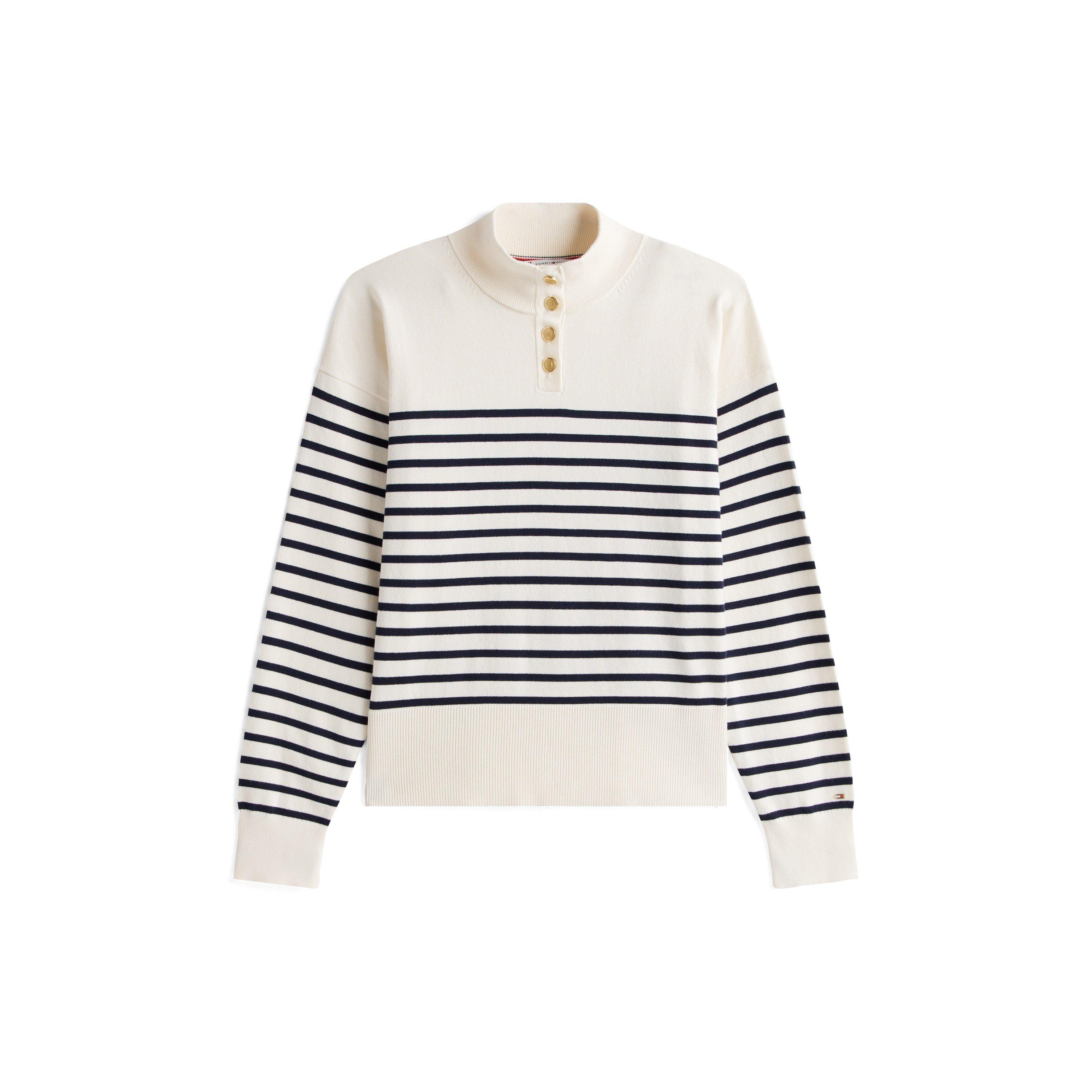 Tommy Hilfiger Women's Gold Button Crew Sweatshirt - Navy Stp - 10 (S)