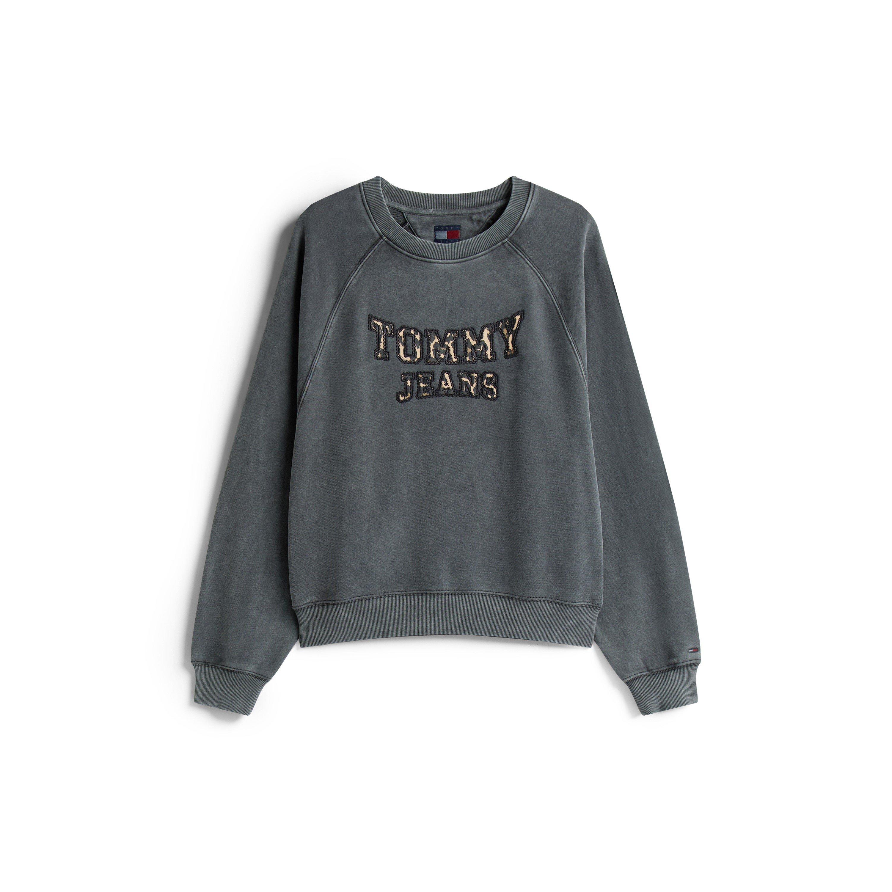 Noir - Tommy Jeans - Women's Leopard Print Cotton Relaxed Fit Crew Sweatshirt - 1