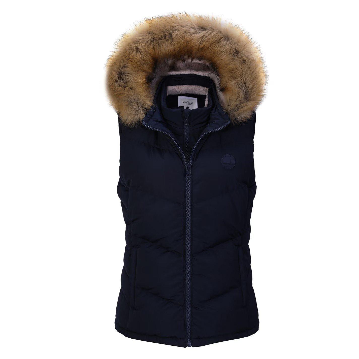 Navy - SoulCal - Womens 2Zip Detachable Hood Padded Gilet - 1