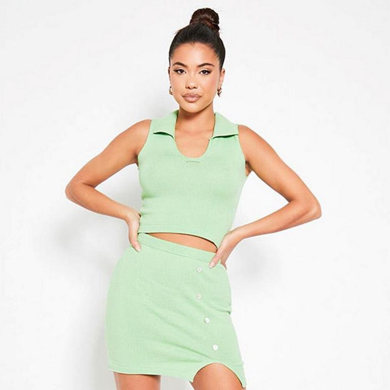 Vert - Aller au contenu principal - ISAWITFIRST Collared V Neck Knitted Crop Top Co-Ord - 1