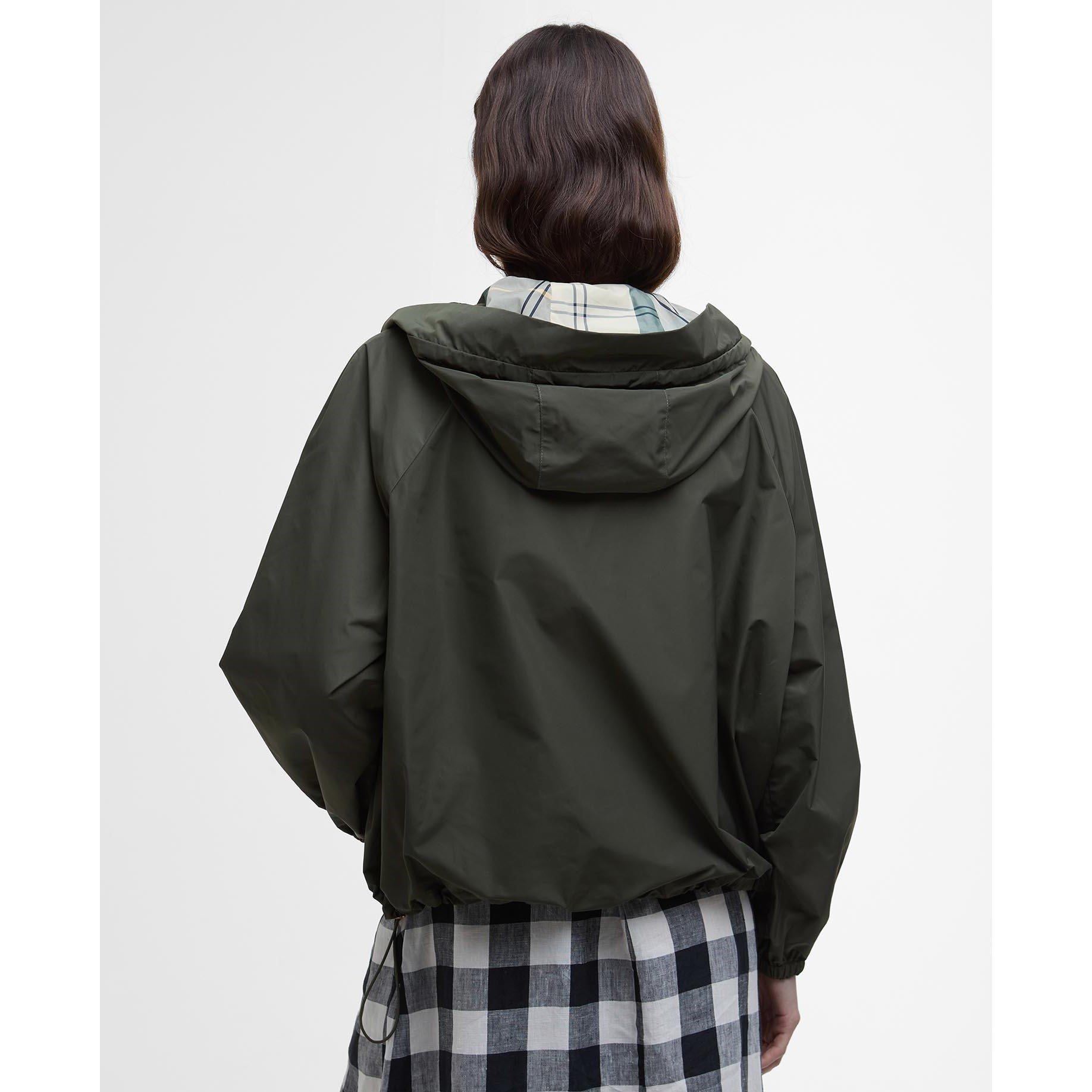 Olive/ Tartan - Barbour - Women's Mae Showerproof Hooded Long Sleeve Hip Length Rain Anorak - 2