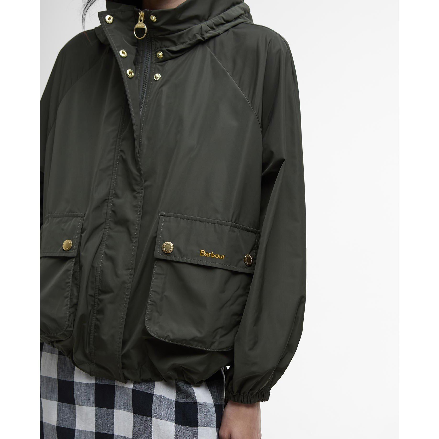 Olive/ Tartan - Barbour - Women's Mae Showerproof Hooded Long Sleeve Hip Length Rain Anorak - 6