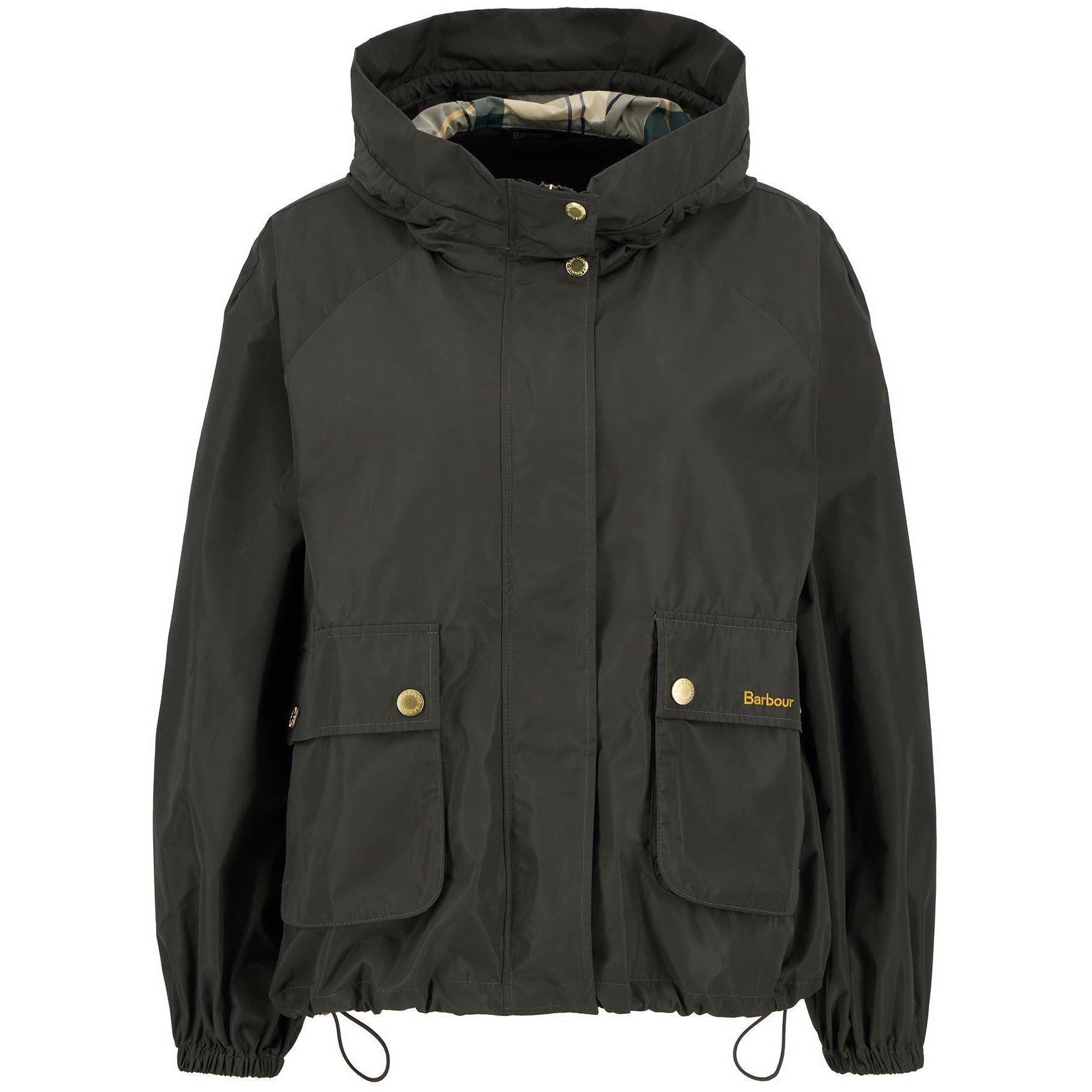 Olive/ Tartan - Barbour - Women's Mae Showerproof Hooded Long Sleeve Hip Length Rain Anorak - 7