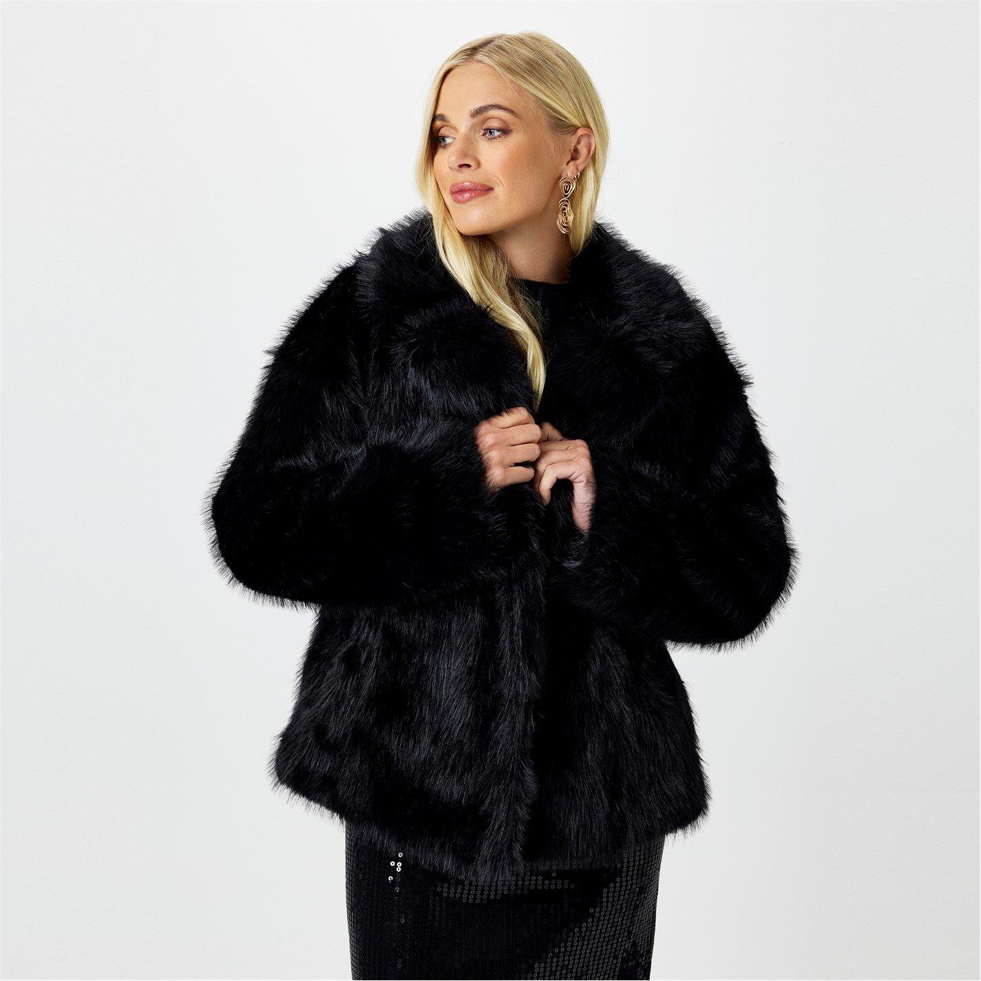 Schwarz - Biba - Women's  Short Faux Fur Long Sleeve Coat - 2