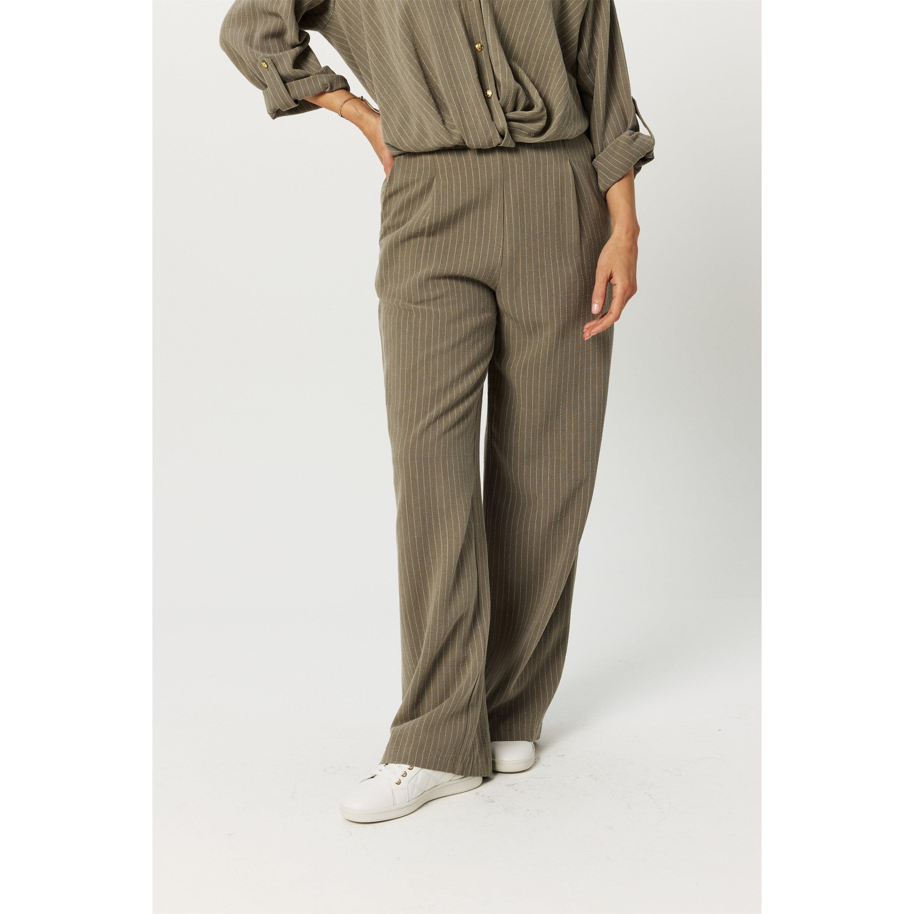 Khaki - Biba - Women's Striped Wide Leg Trousers - 3