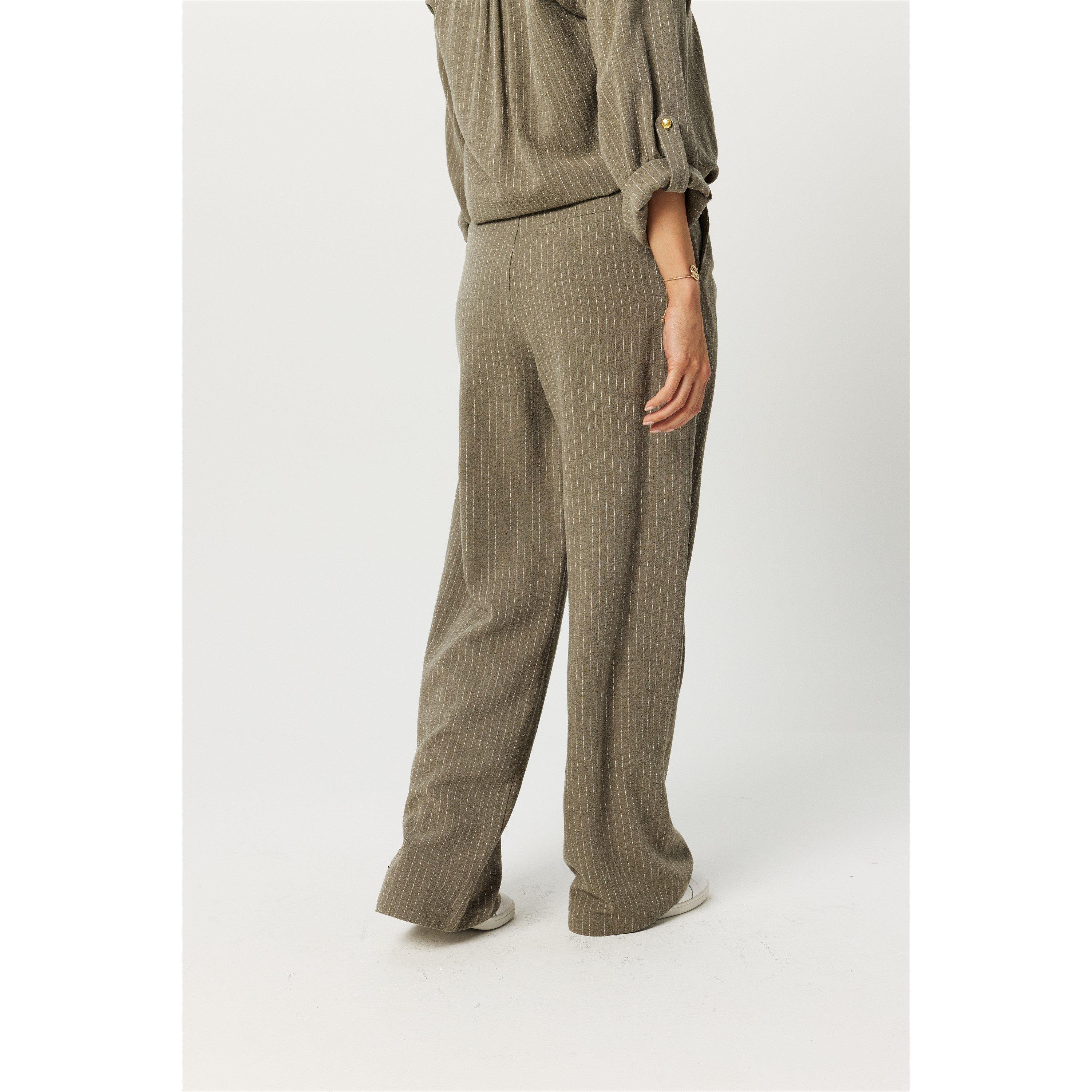 Khaki - Biba - Women's Striped Wide Leg Trousers - 4