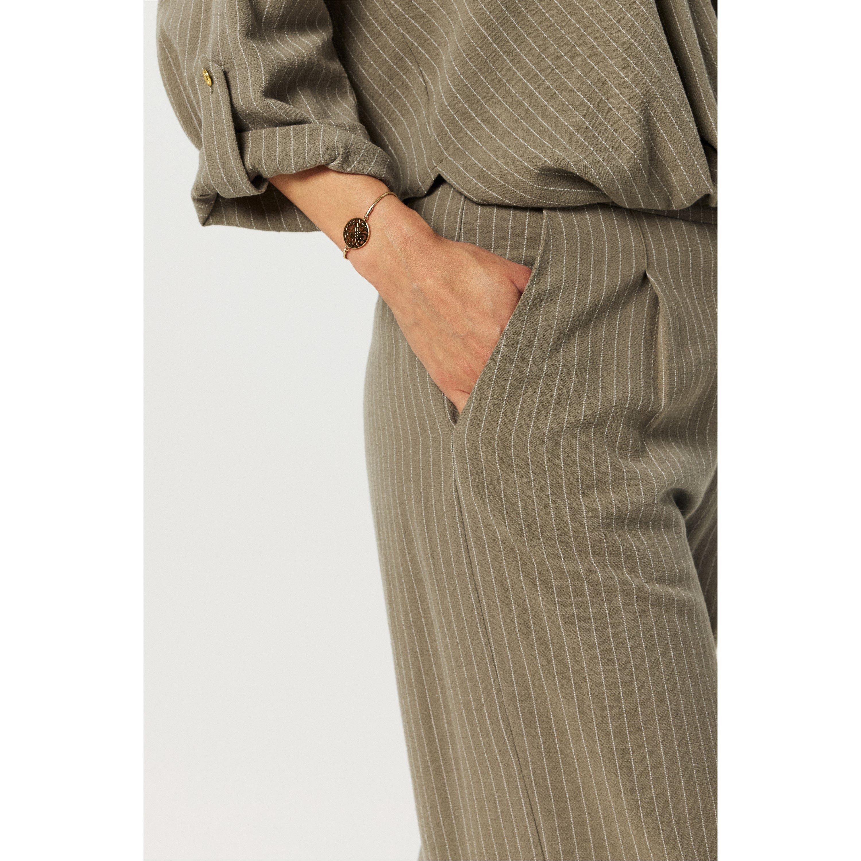 Khaki - Biba - Women's Striped Wide Leg Trousers - 5