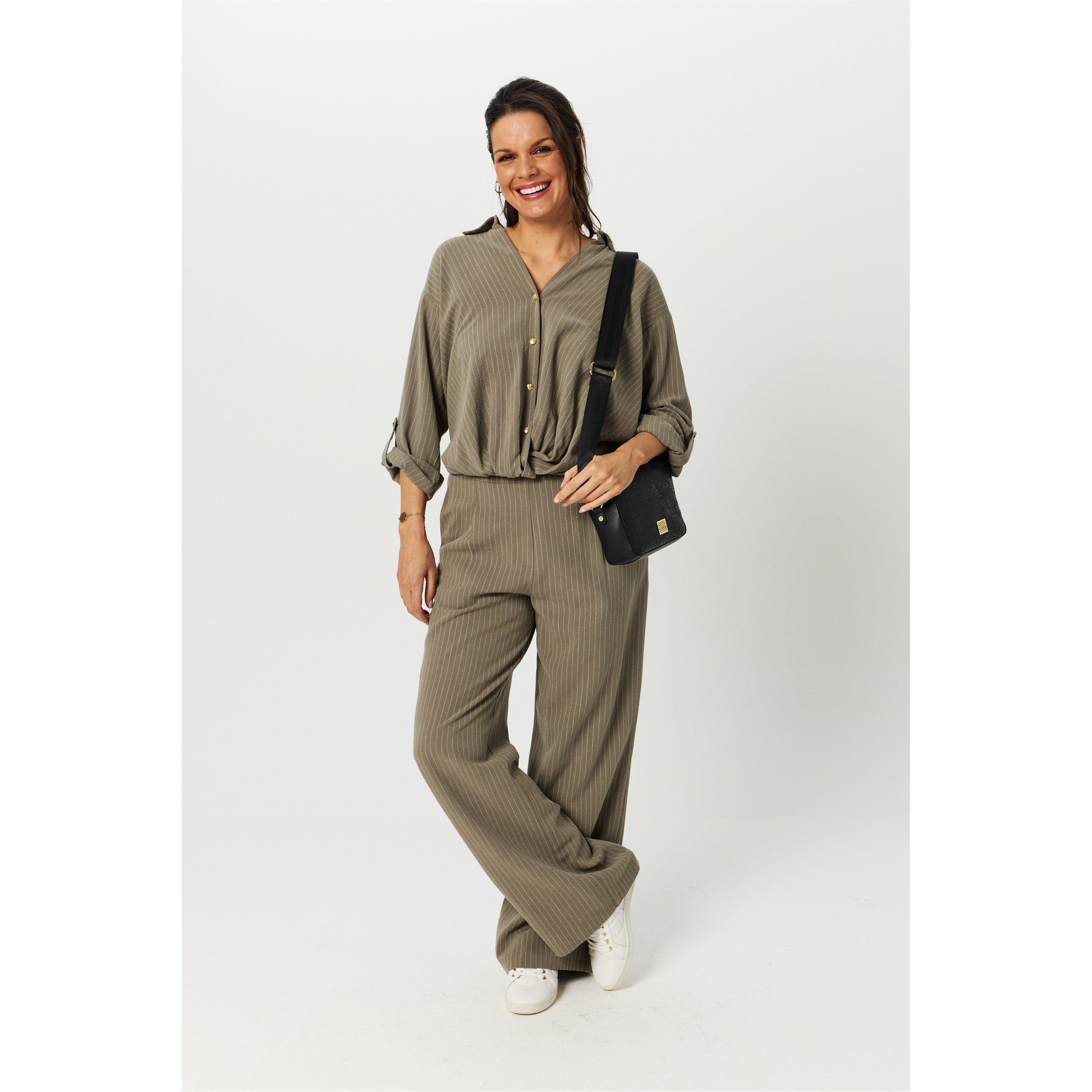 Khaki - Biba - Women's Striped Wide Leg Trousers - 6