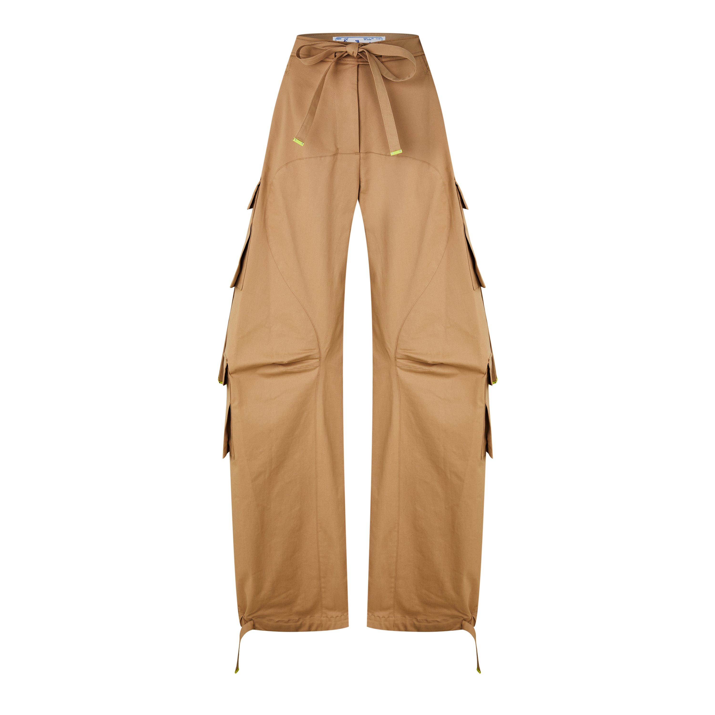 Camel - Off White - Women's Full Length Mid Rise Gabardine Cargo Trousers - 1