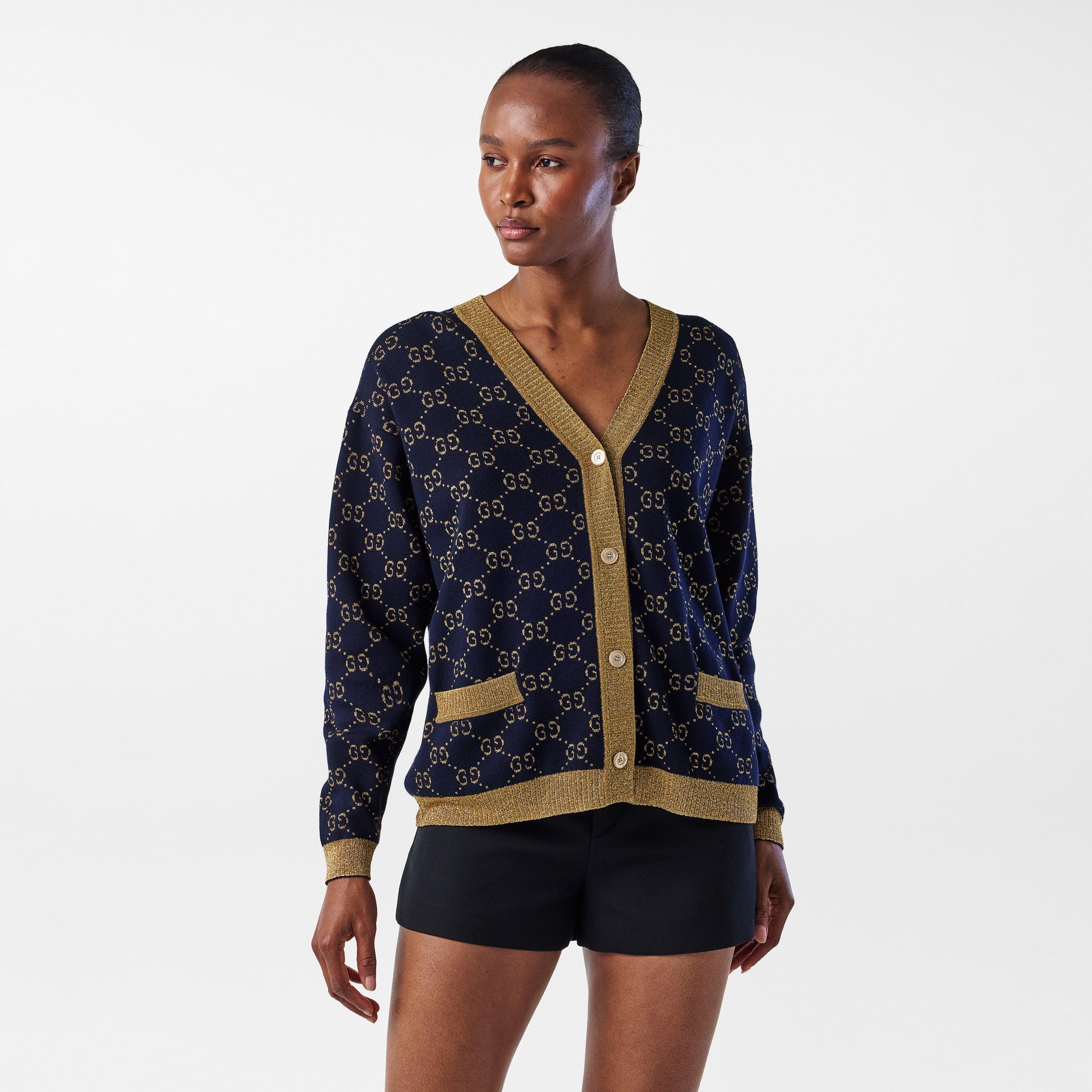 Navy/Gold 4921 - Gucci - Women's GG Cotton Lamé Cardigan - 3