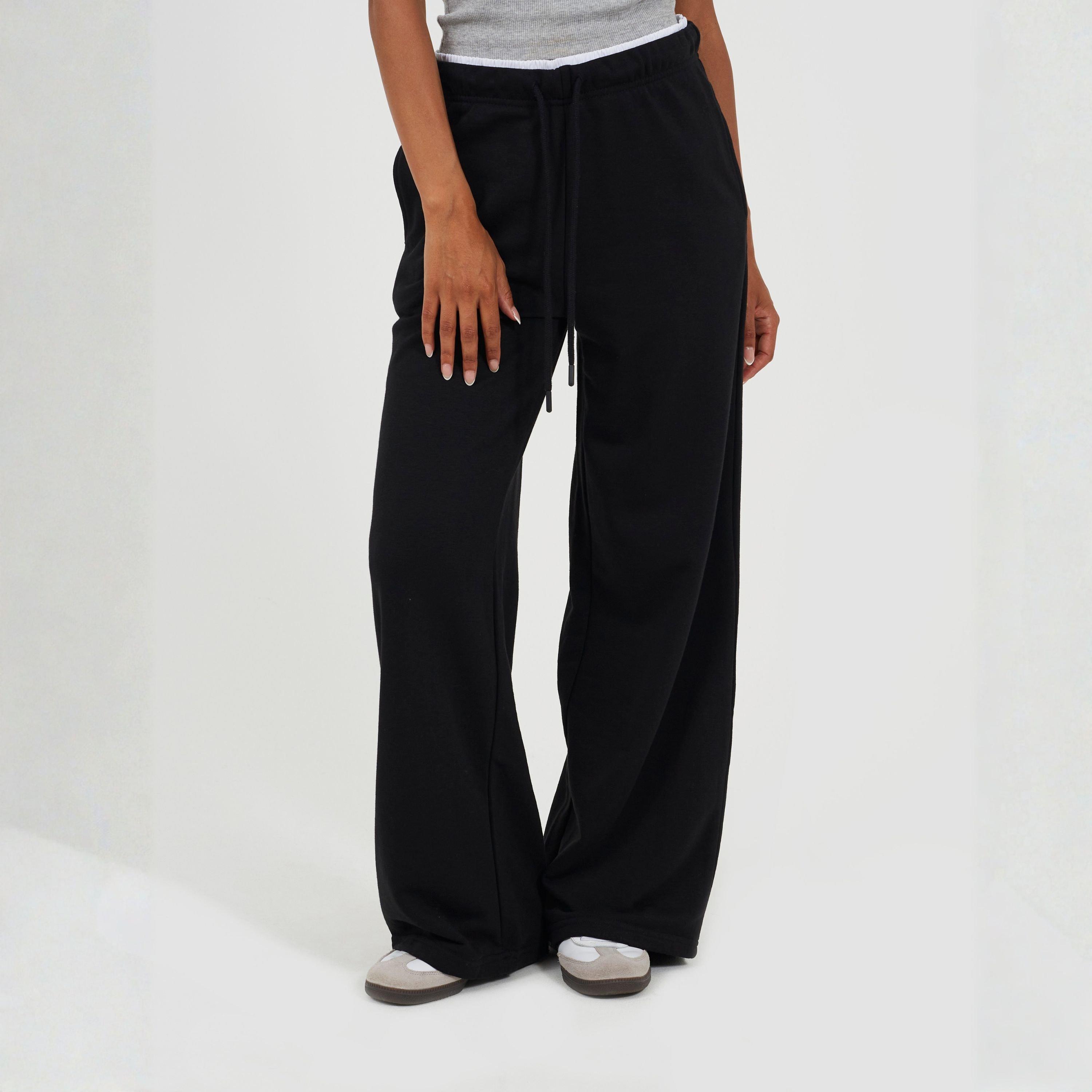 Crno/Bijelo - Brave Soul - BS Womens Wide Leg Jogger with Contrast Double Waistband Detail - 1