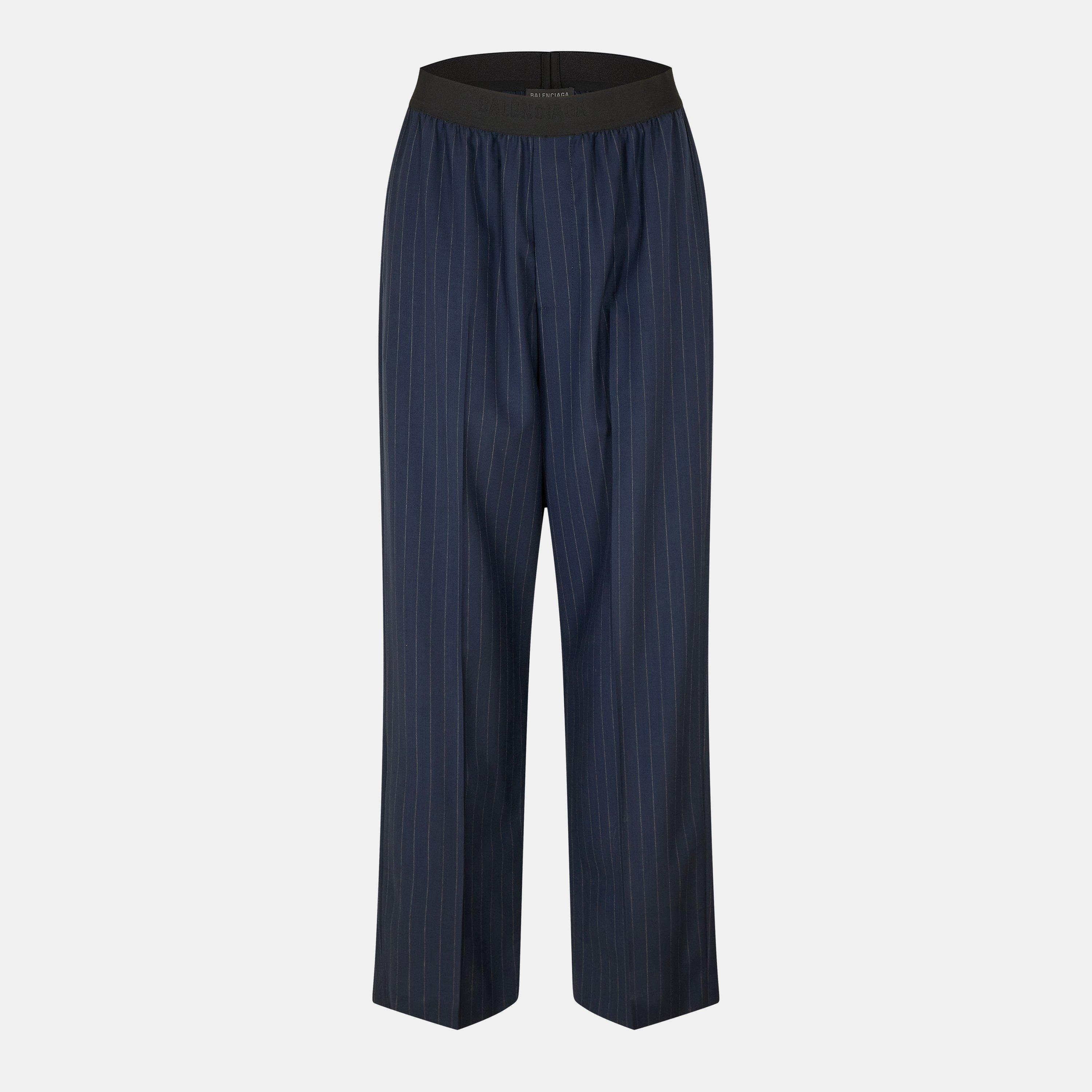 Dark Navy - Balenciaga - Women's Pinstripe High Rise Relaxed Fit Wide Leg Trousers - 1