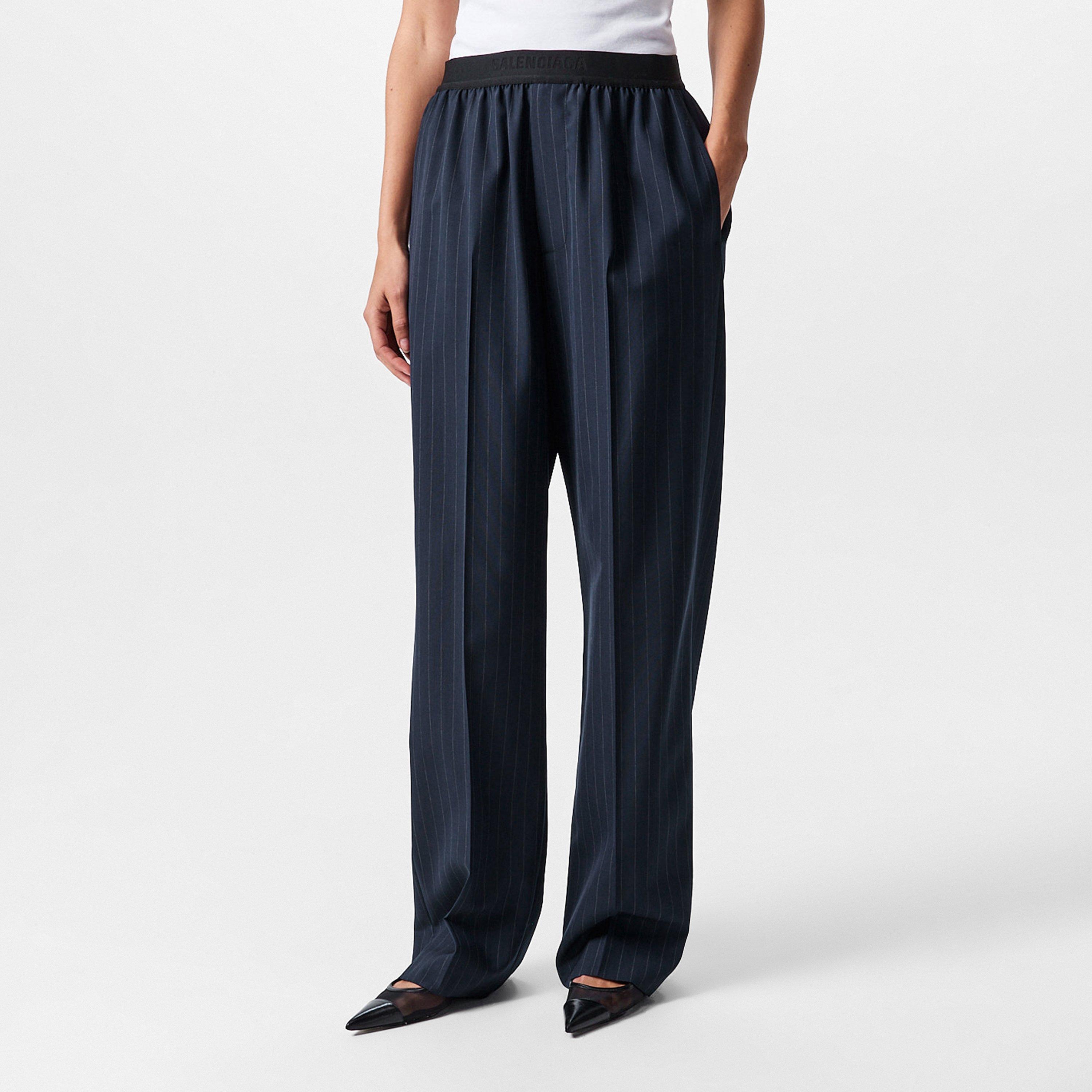 Dark Navy - Balenciaga - Women's Pinstripe Wide Leg Trousers - 3