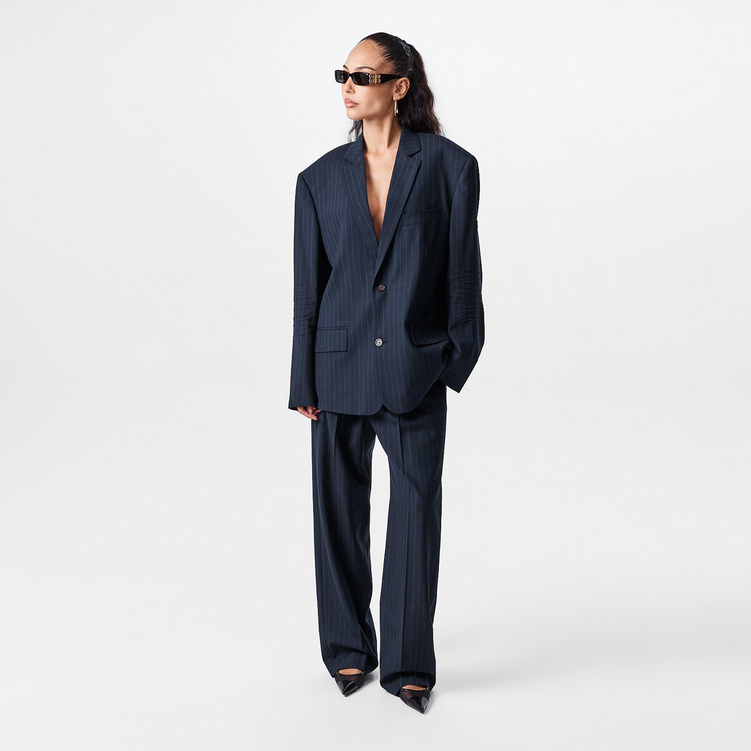 Dark Navy - Balenciaga - Women's Pinstripe Wide Leg Trousers - 6